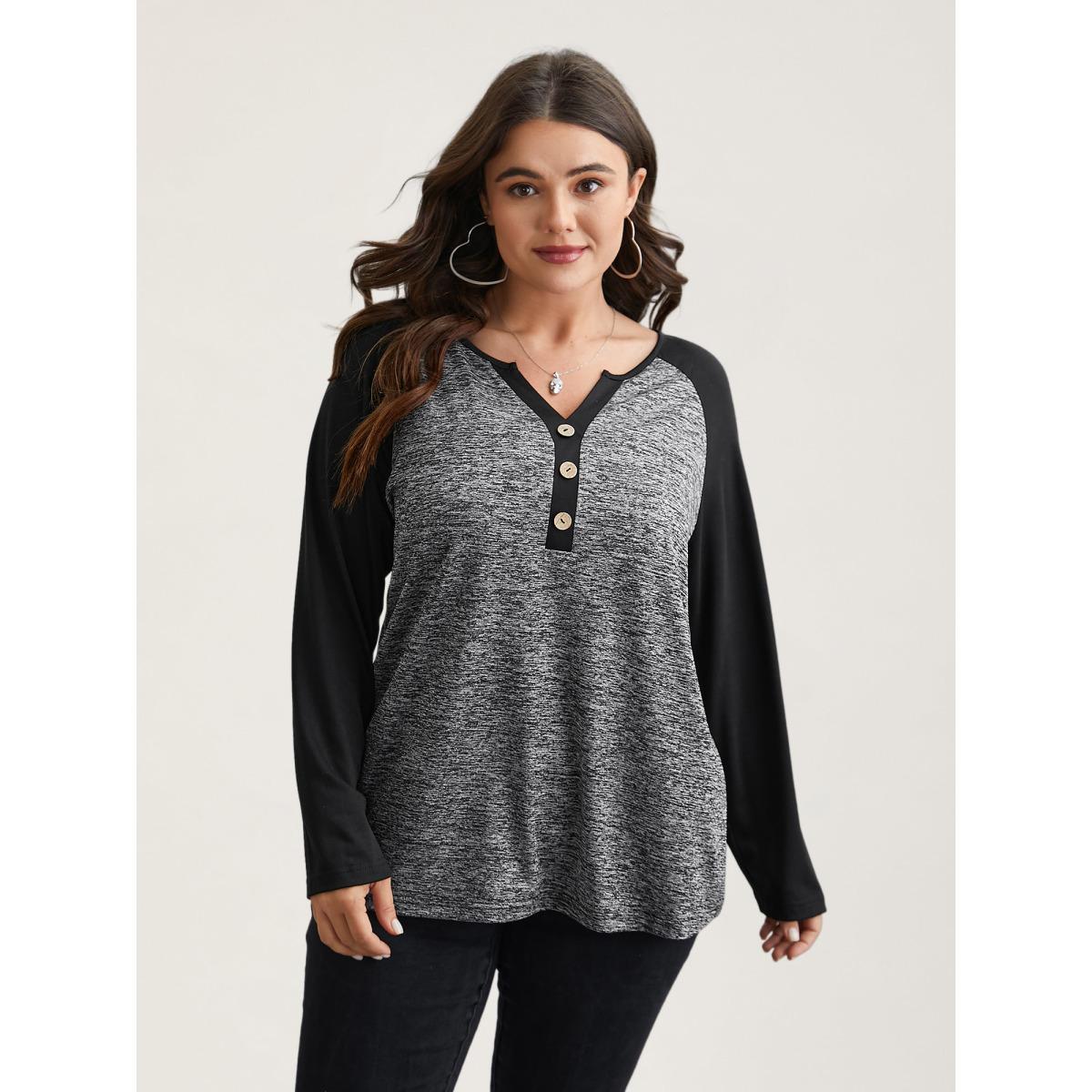Plus Size Heather Patchwork Button Detail Stretchy T-Shirt DarkGray Women Casual Contrast Flat collar with V-notch Everyday T-shirts BloomChic 22-24/3X Product Image