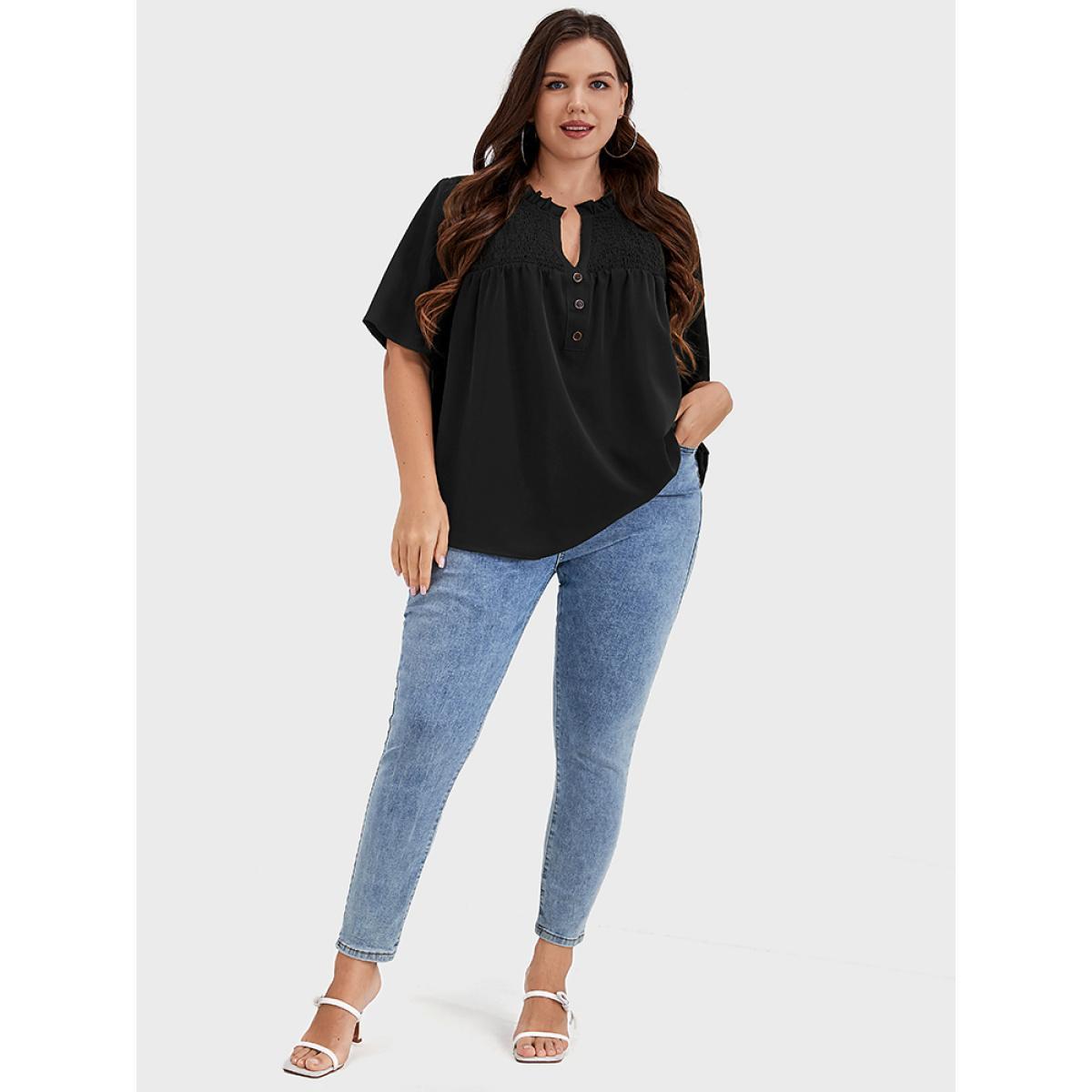 Plus Size Black Solid Shirred Frill Trim Button Notched Neck Blouse Women Elegant Short sleeve Dailywear Blouses BloomChic 10/M Product Image