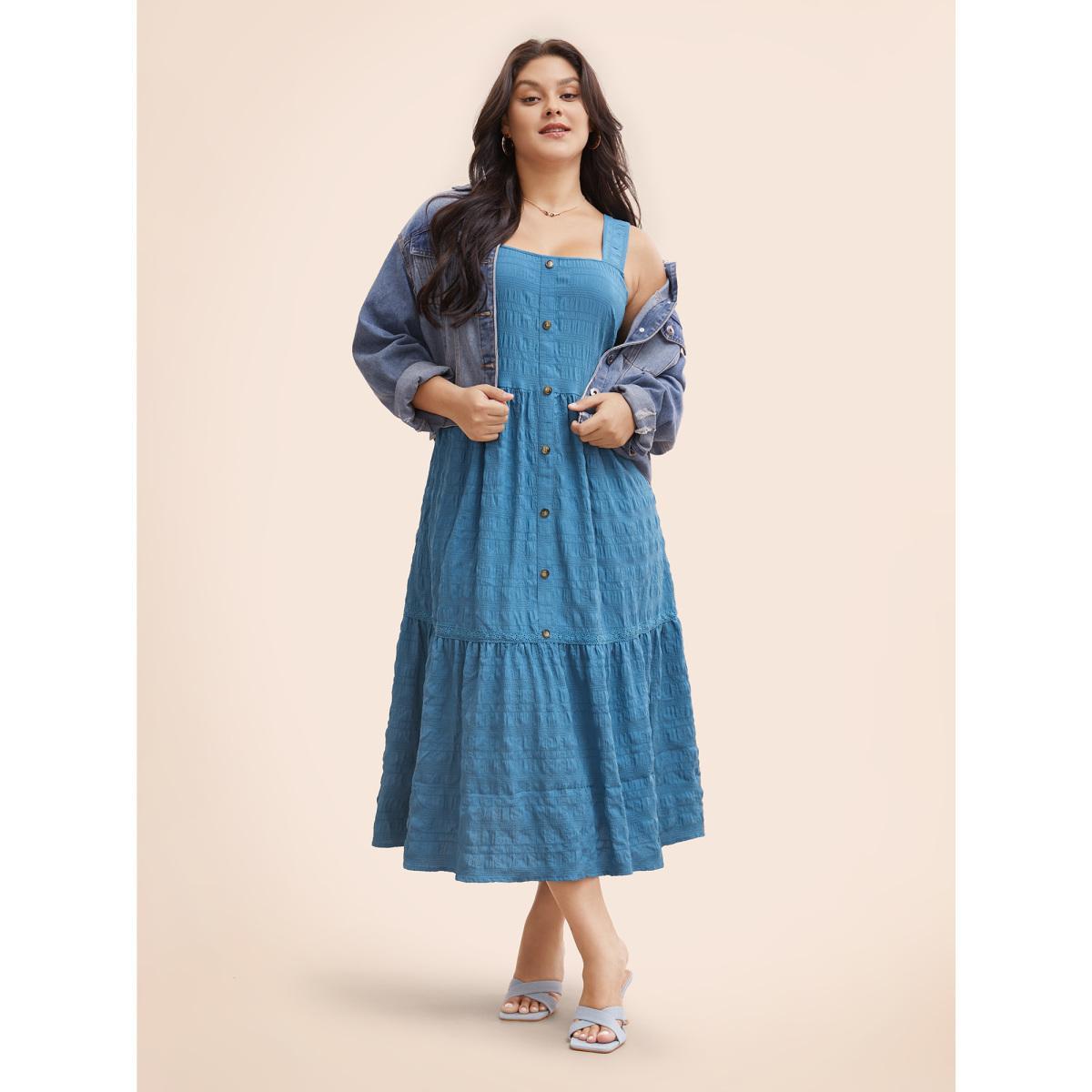 Plus Size Textured Button Detail Ruffle Layered Hem Dress Mediumblue Women Elegant Woven ribbon&lace trim Square Neck Sleeveless Curvy BloomChic 28/5X Product Image