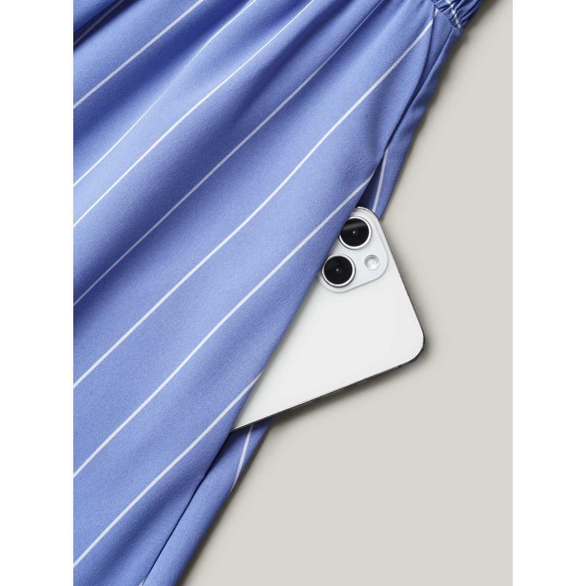 Plus Size Striped Shirred Flutter Sleeve Midi Dress Skyblue Women Leisure Shirred Square Neck Cap Sleeve Curvy BloomChic 12/L Product Image