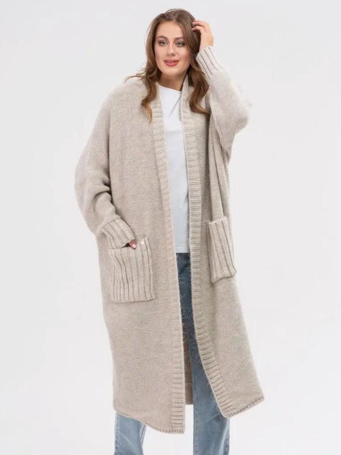 Pocketed Open Front Long Sleeve Longline Cardigan Product Image