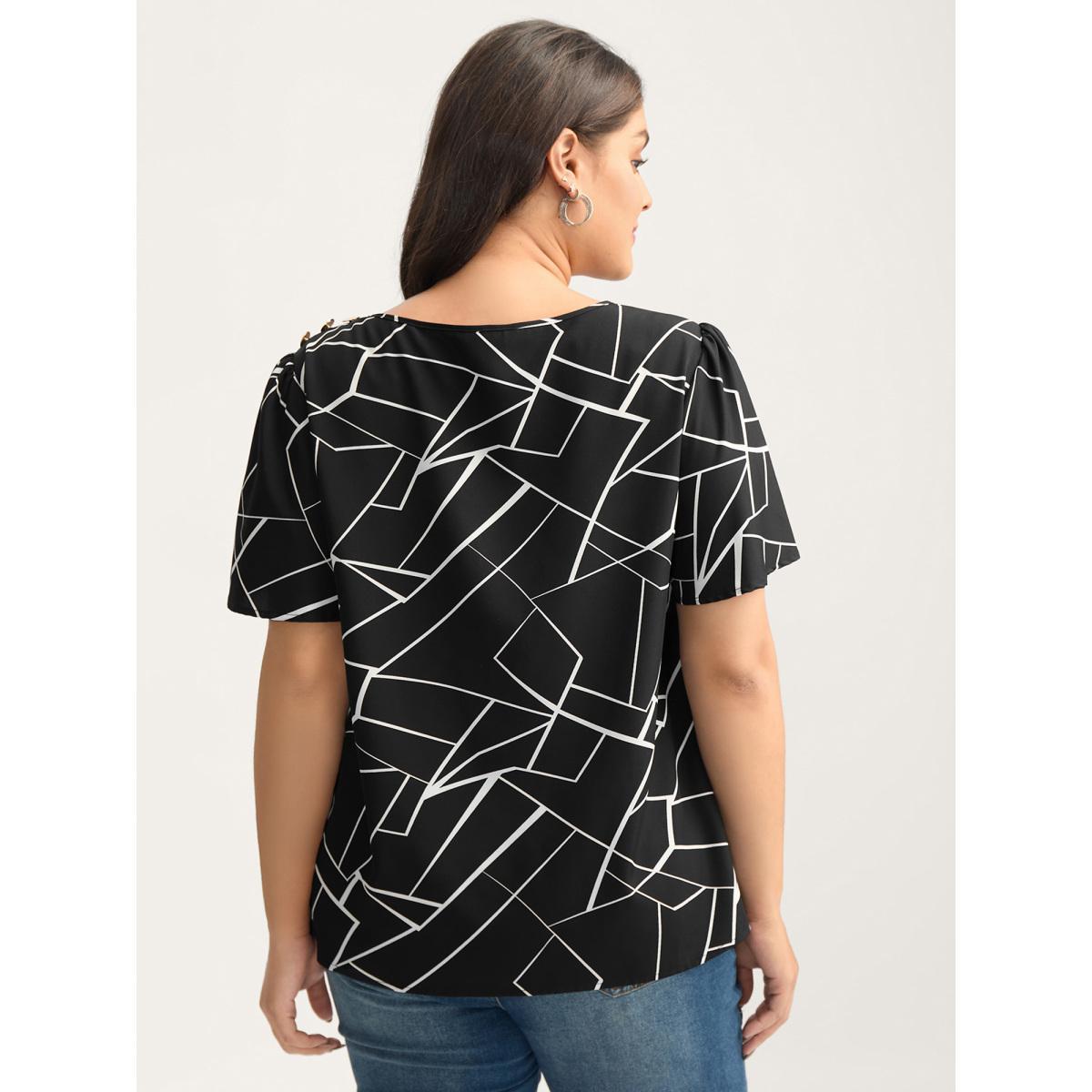 Plus Size Black Abstract Detail Button Detail Blouse Women Short sleeve Round Neck Work Blouses BloomChic 30/6X Product Image