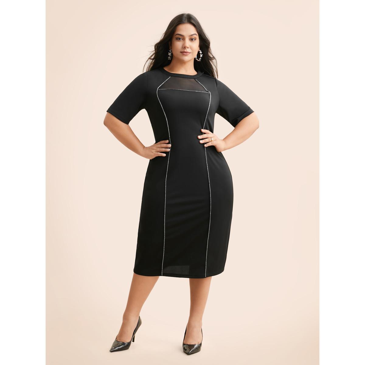 Plus Size Crew Neck Rhinestone Patchwork Mesh Dress Black Women Cocktail Rhinestone detailing Party Curvy Bloomchic 22-24/3X Product Image