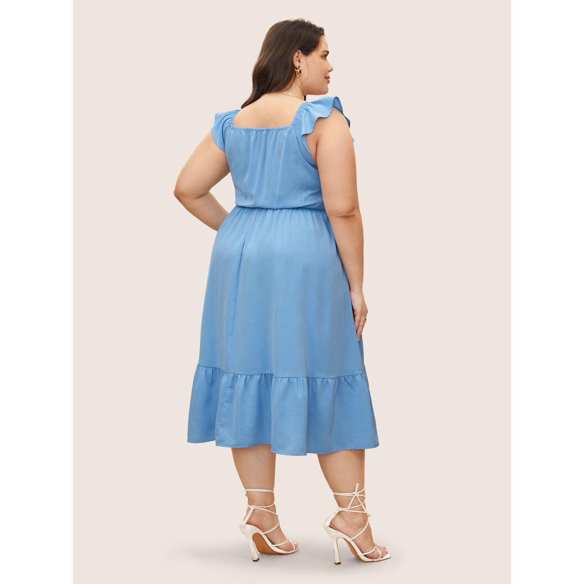 Plus Size Square Neck Solid Ruffles Shirred Dress LightBlue Women Elegant Shirred Square Neck Cap Sleeve Curvy BloomChic 18-20/2X Product Image