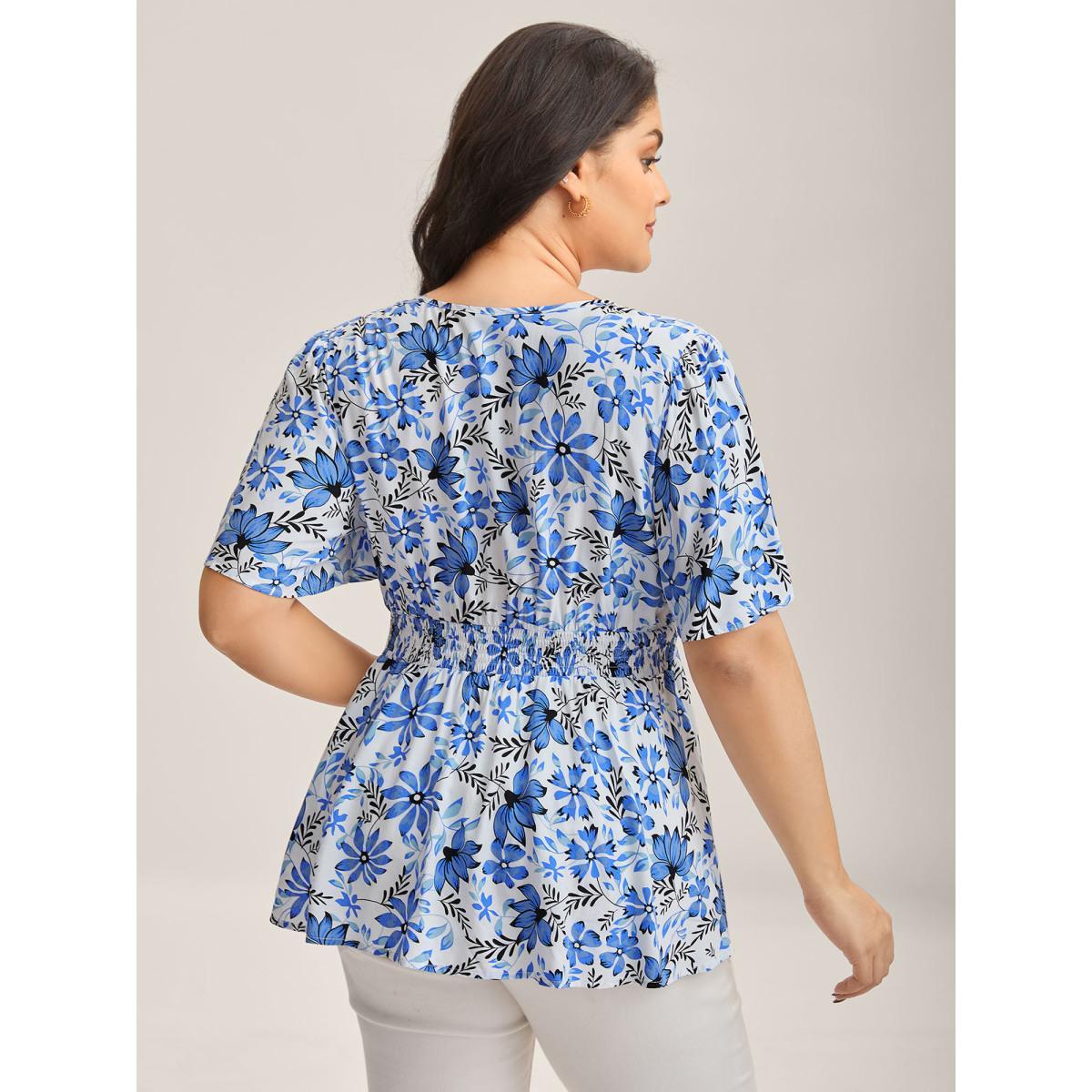 Plus Size Skyblue Floral Notched Collar Shirred Waist Blouse Women Short sleeve Flat collar Everyday-Elegant Blouses BloomChic 14-16/1X Product Image
