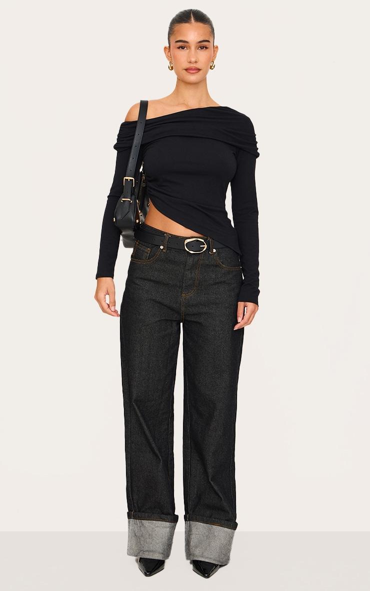Black Contour Jersey Fold Over Detail Bardot Long Sleeve Top Product Image