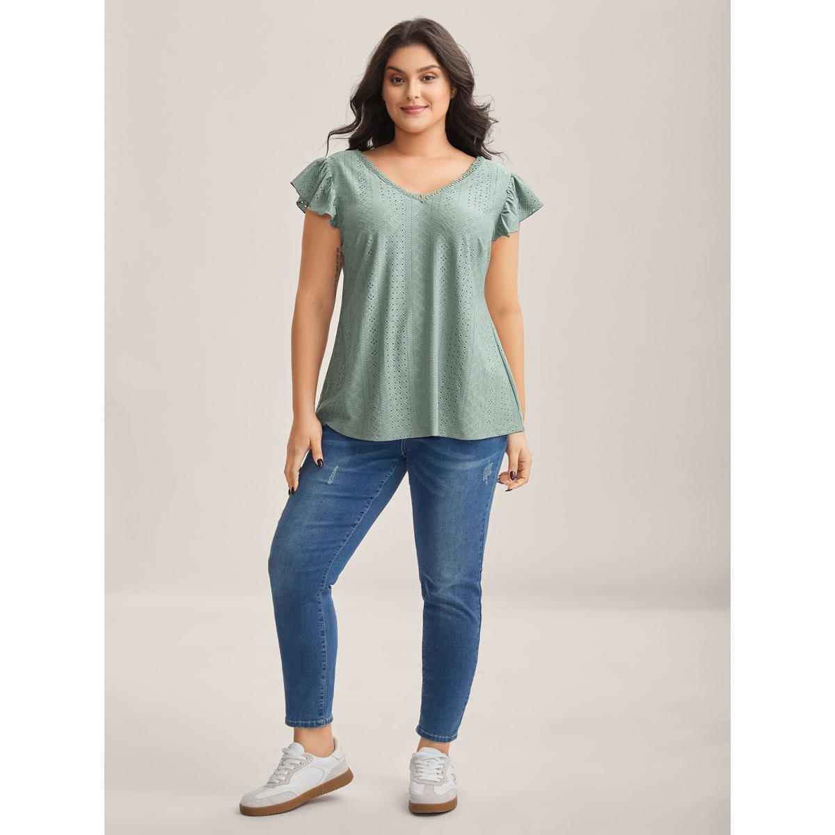 Plus Size Eyelet Trim Flutter Sleeve Backless T-Shirt Greenbean Women Leisure Woven ribbon&lace trim V-neck Casual T-shirts BloomChic 28/5X Product Image