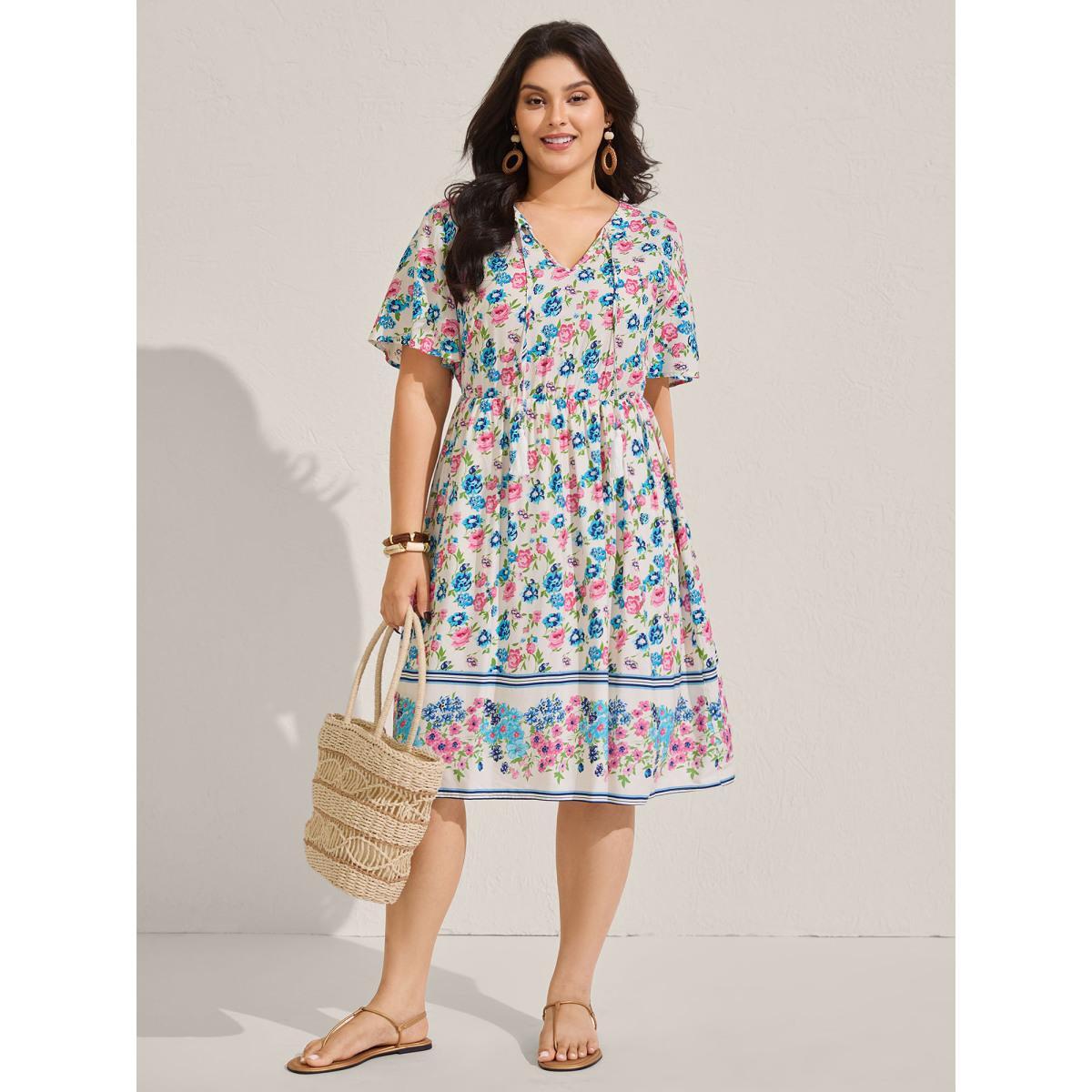 Plus Size Rayon Floral Print Neck Tie Pockets Midi Dress Multicolor Women Boho Notched collar Short sleeve Curvy BloomChic 12/L Product Image