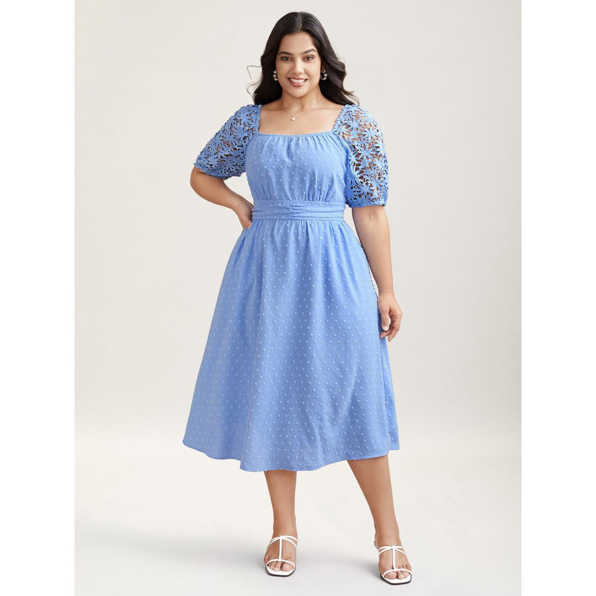 Plus Size Textured Lace Sleeve Stretchy Waist Midi Dress Skyblue Women Timeless Woven ribbon&lace trim Square Neck Short sleeve Curvy BloomChic 18-20/2X Product Image