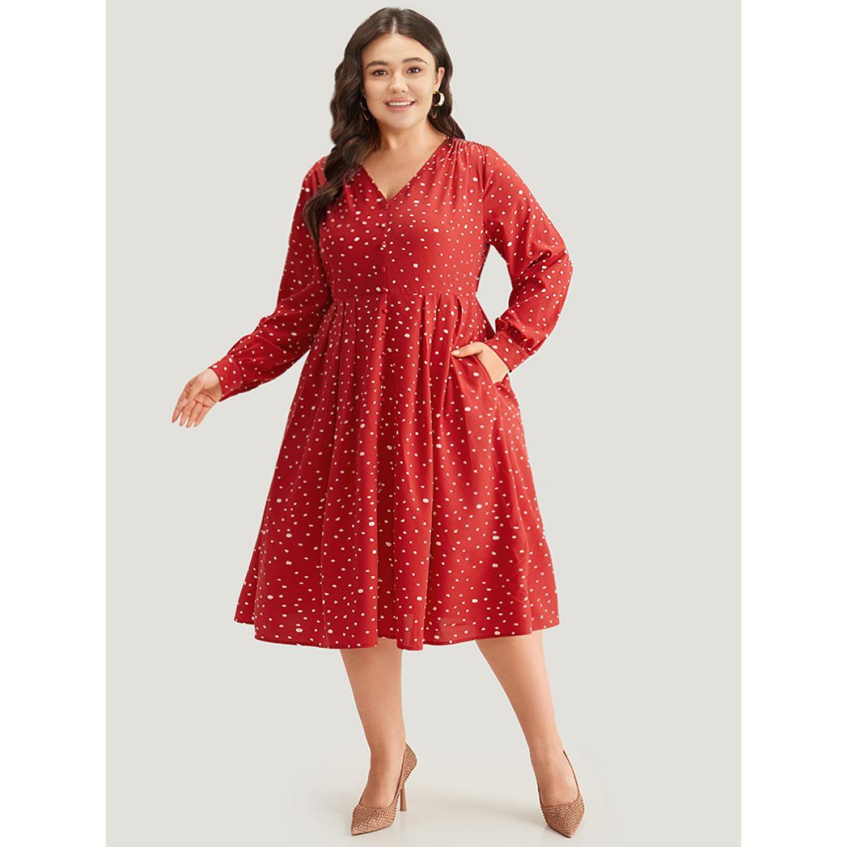 Plus Size Polka Dot Button Detail Pleated Dress Crimson Women Elegant Printed V-neck Long Sleeve Curvy Midi Dress BloomChic 26/4X Product Image