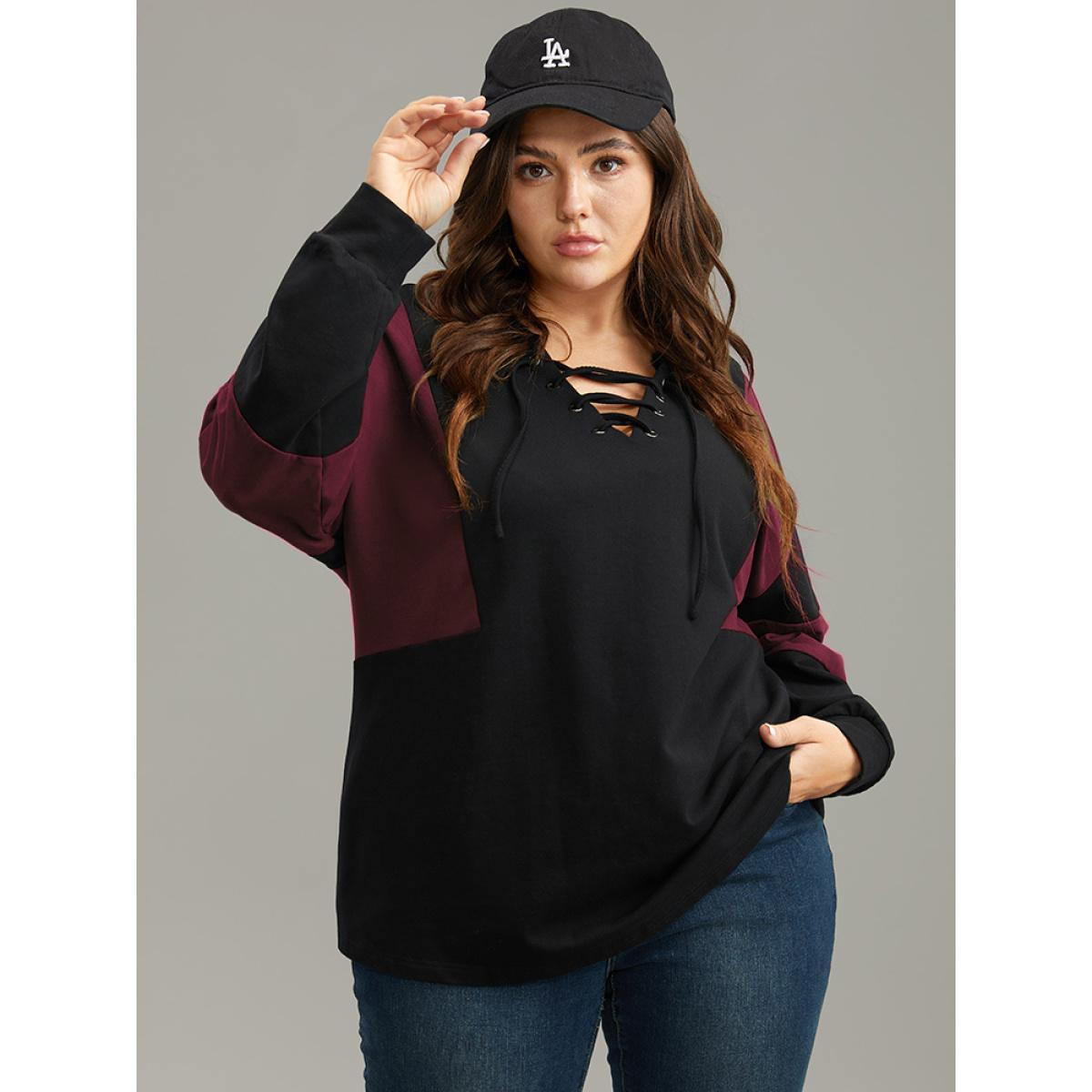 Plus Size Cotton Colorblock Contrast Lace Up Sweatshirt Women Blue Casual Elastic cuffs V-neck Dailywear Sweatshirts BloomChic 10/M Product Image