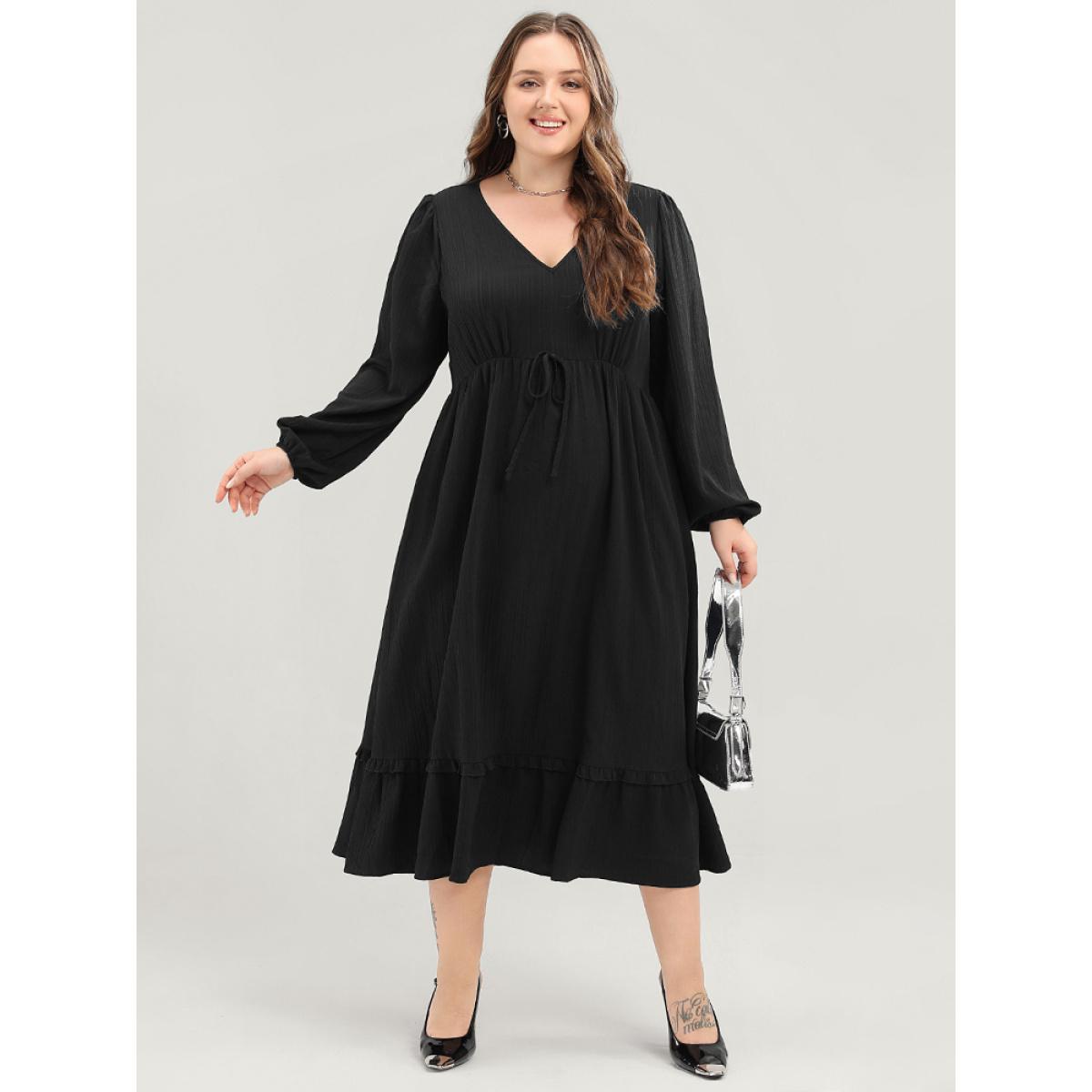Plus Size Solid Lantern Sleeve Pocket Textured Ties Up Flutter Dress Black Women Office V-neck Long Sleeve Curvy Midi Dress BloomChic 26/4X Product Image