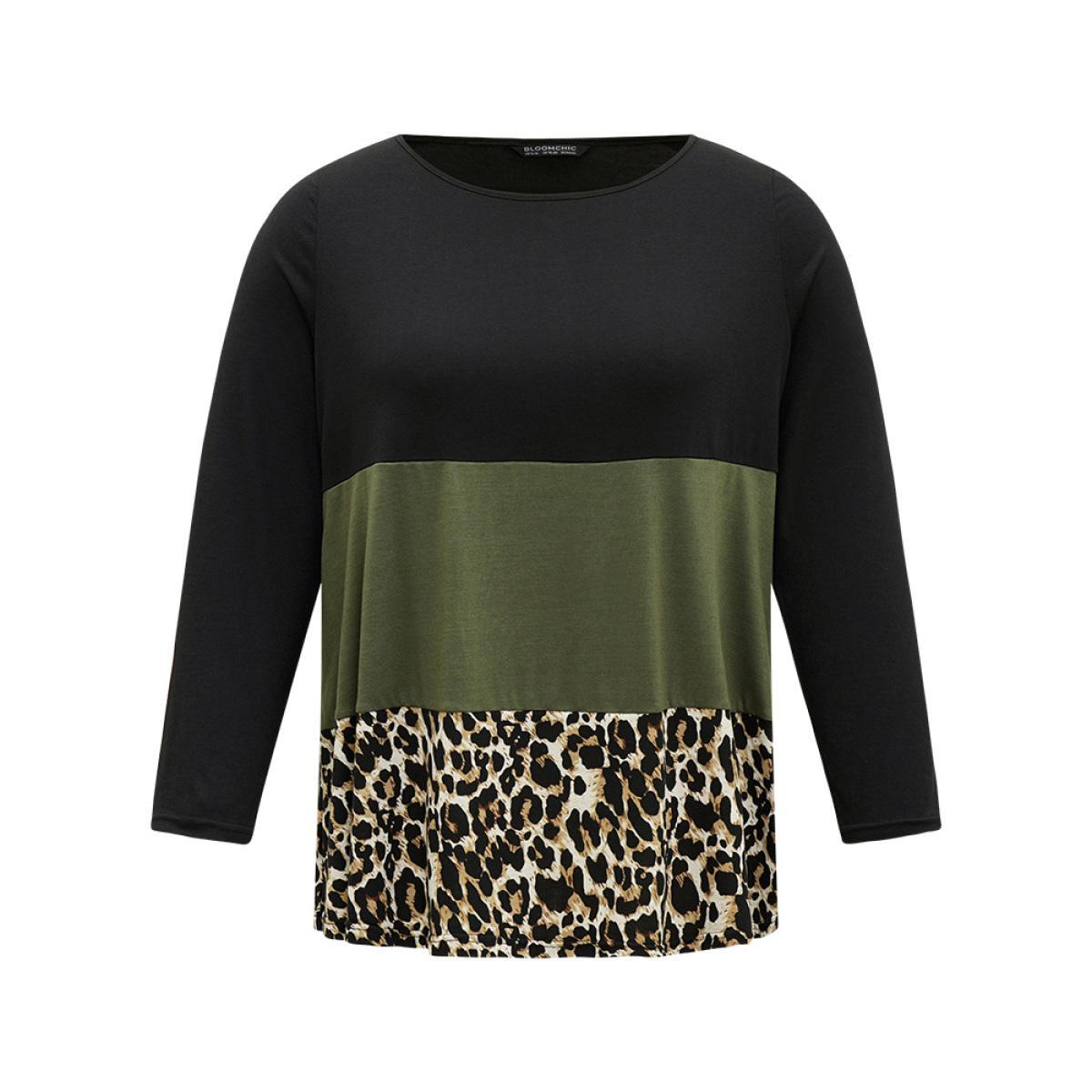Plus Size Colorblock Leopard Contrast Round Neck T-shirt Multicolor Women Leisure Contrast Leopard Round Neck Casual T-shirts BloomChic 12/L Product Image