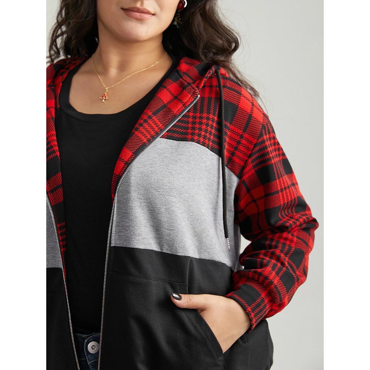 Plus Size Plaid Contrast Patchwork Drawstring Zipper Jacket Women Raspberry Contrast Pocket Dailywear Jackets BloomChic 12/L Product Image