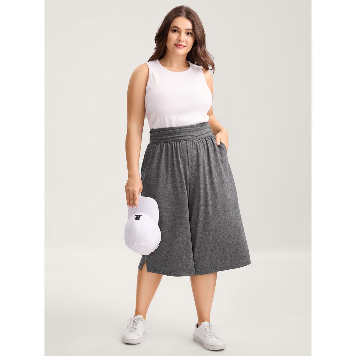 Plus Size Supersoft Stretchy Pleated Waist Straight-Leg Pants Women DimGray Leisure Wide Leg Mid Rise Casual Pants BloomChic 10/M Product Image