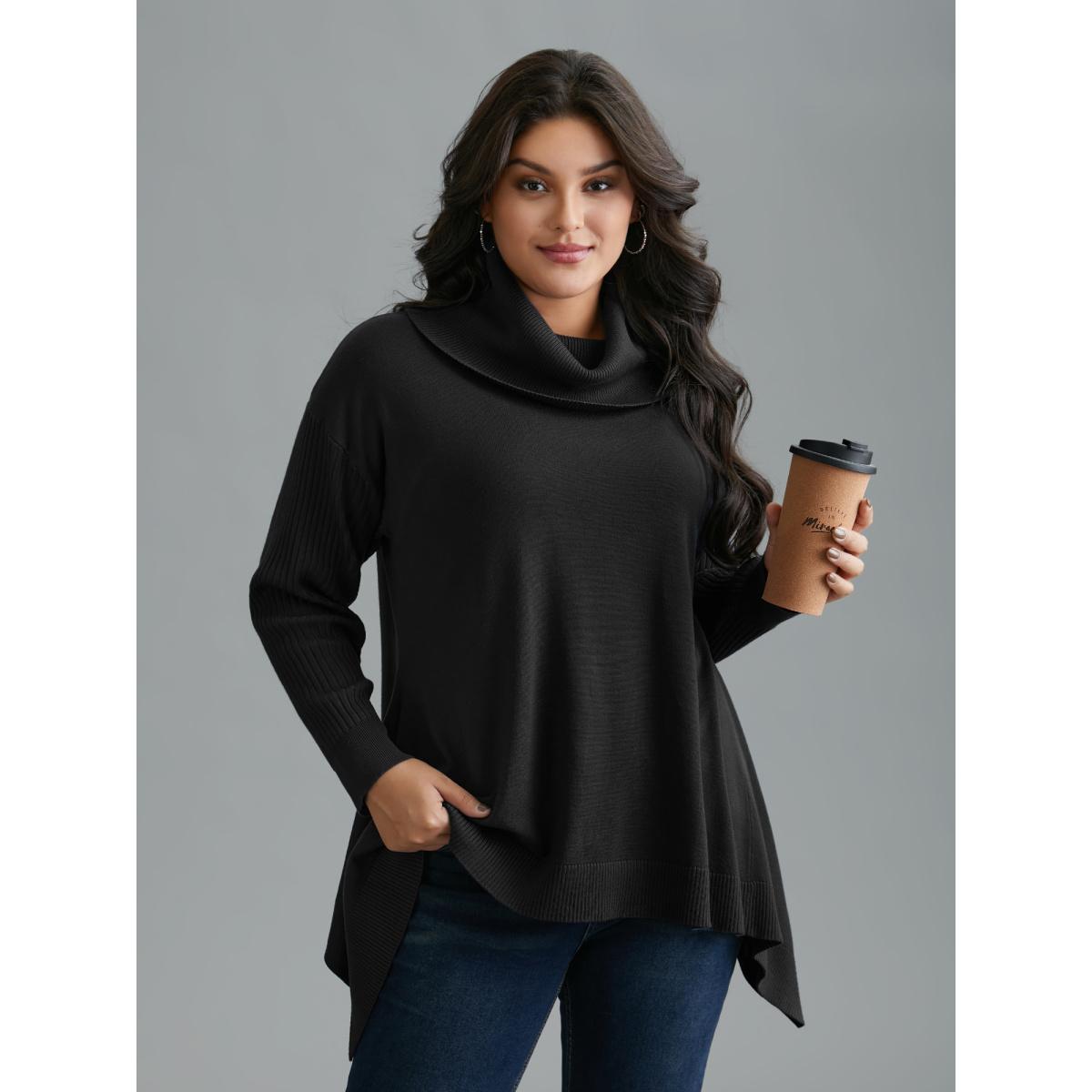 Plus Size Supersoft Essentials Textured Drop Shoulder Turtleneck Pullover Black Women Casual Loose Long Sleeve Turtleneck Everyday Pullovers BloomChic 12/L Product Image