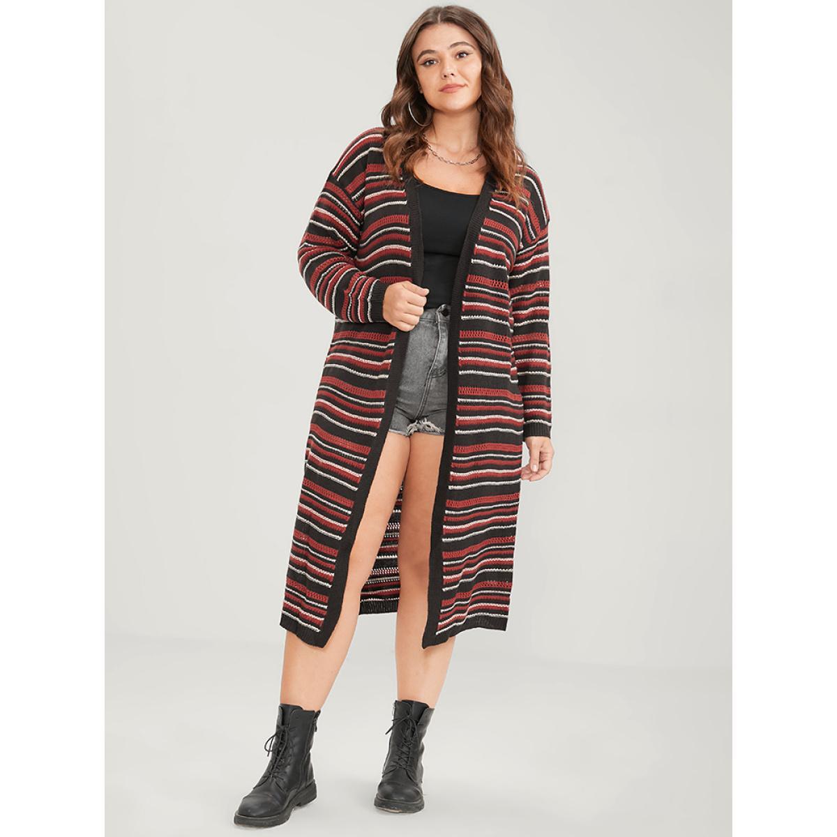 Plus Size Striped Contrast Pointelle Knit Pocket Open Front Long Cardigan Multicolor Women Casual Loose Long Sleeve Dailywear Cardigans BloomChic 18-20/2X Product Image