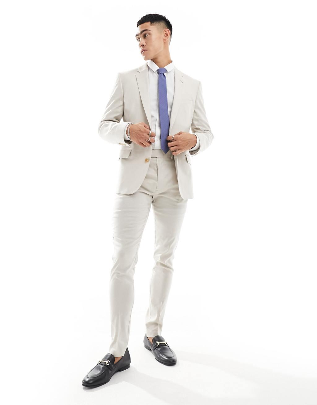 ASOS DESIGN skinny linen suit jacket in stone Product Image