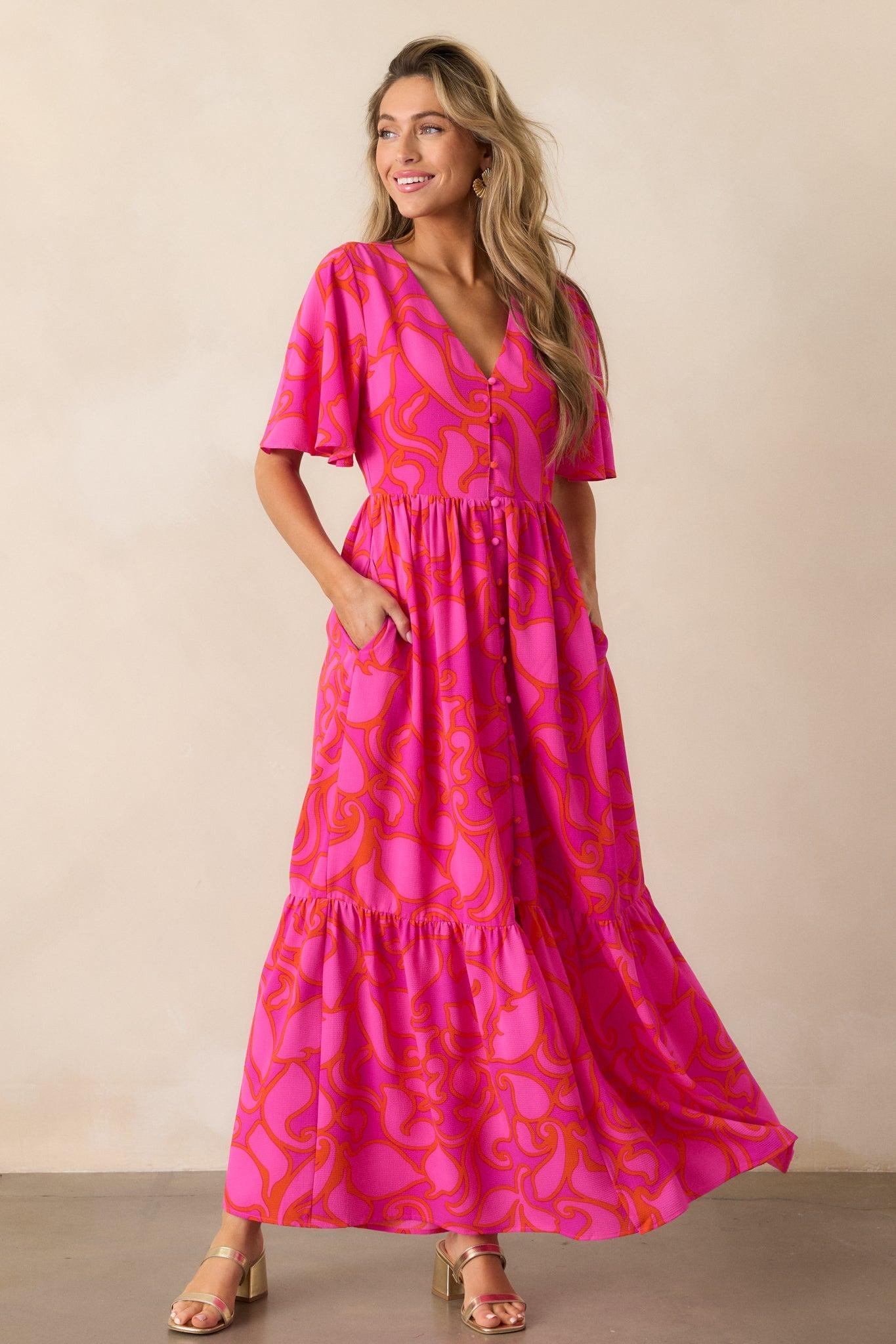 Budding Hearts Magenta Floral Button Front Maxi Dress Product Image