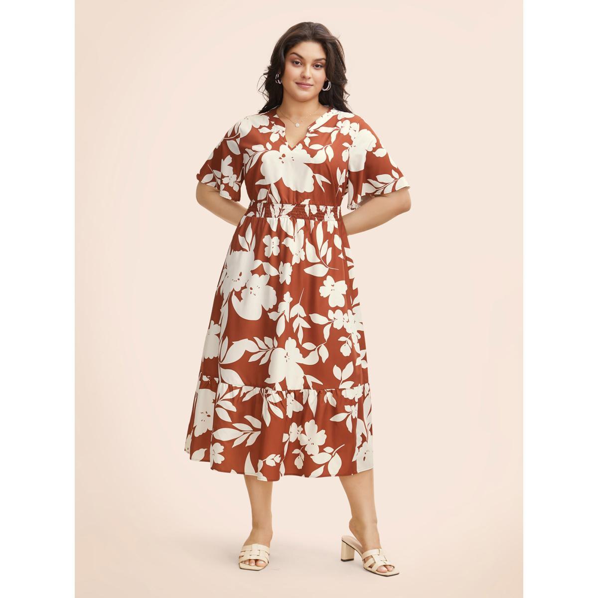 Plus Size Silhouette Floral Print Shirred Ruffles Dress Browncoffeecolor Women Elegant Shirred Notched collar Short sleeve Curvy BloomChic 14-16/1X Product Image