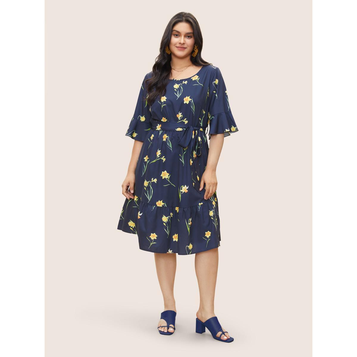 Plus Size Floral Print Belted Gathered Bell Sleeve Dress DarkBlue Women Elegant Non Round Neck Elbow-length sleeve Curvy Midi Dress BloomChic 10/M Product Image