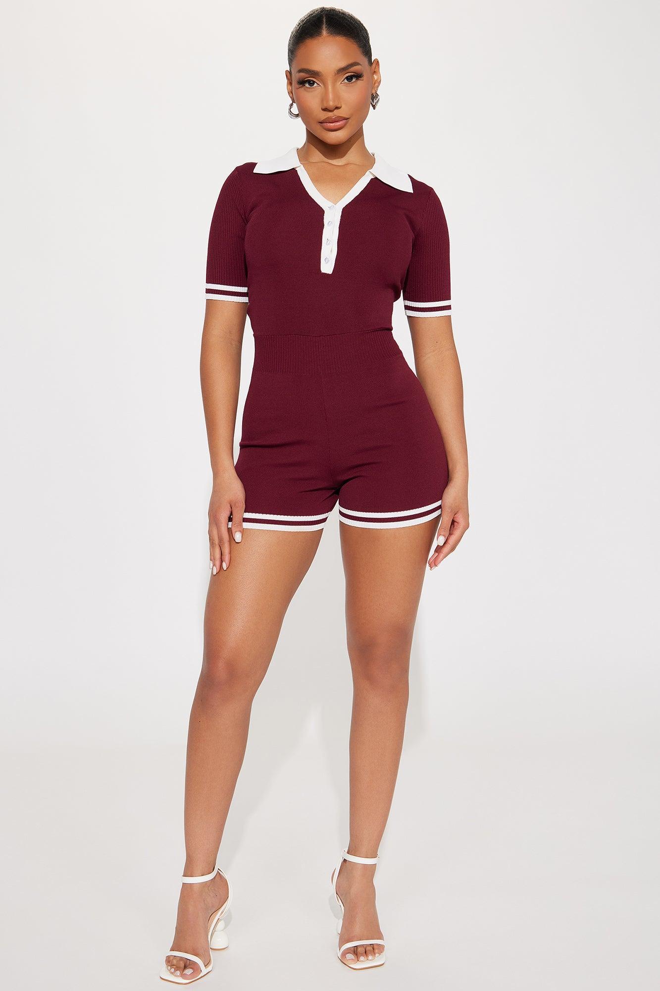 Coffee Date Sweater Romper - Burgundy Product Image