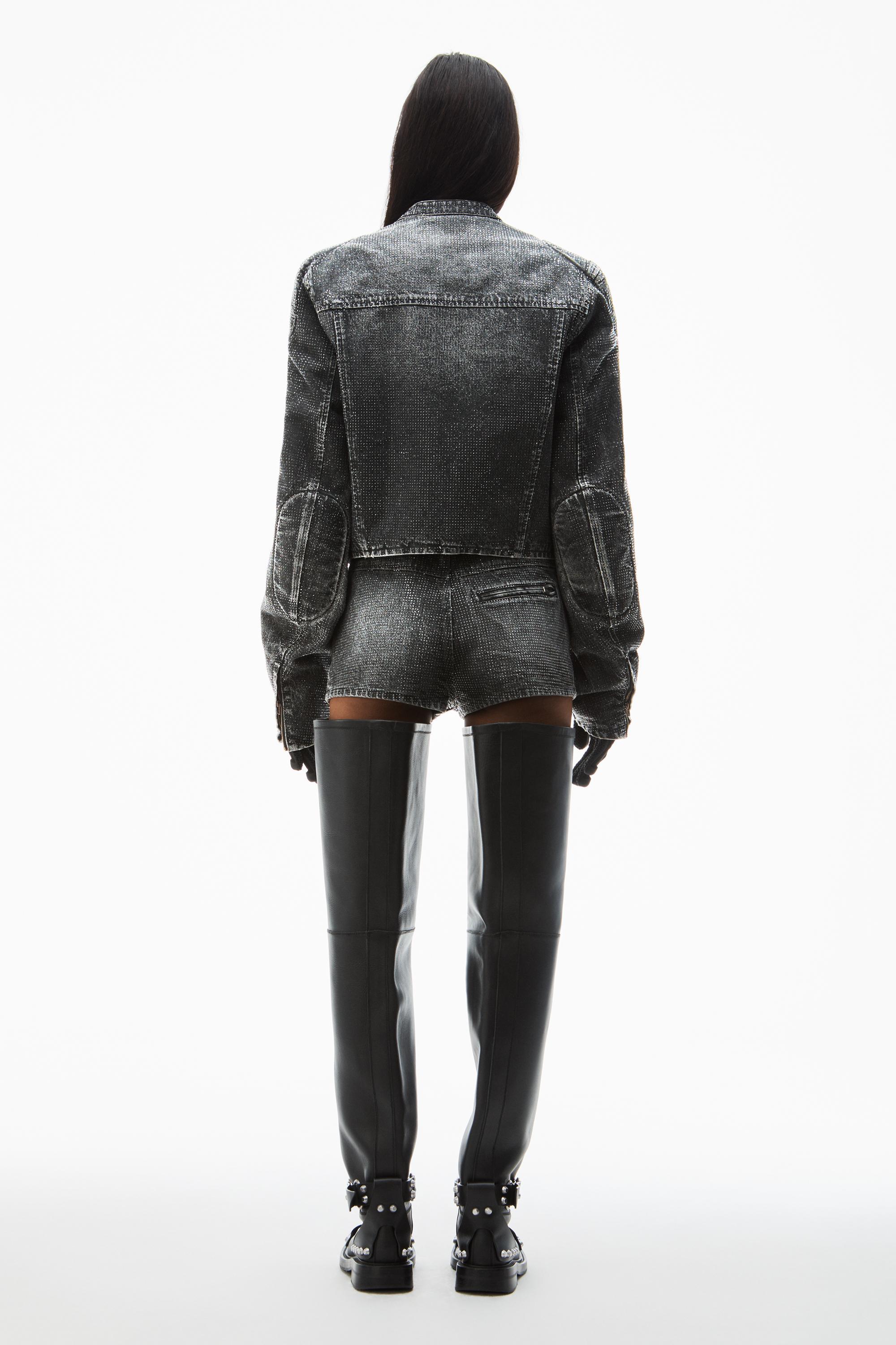 Clear Crystal Hotfix Moto Jacket In Crackle Grey Wash Denim Product Image