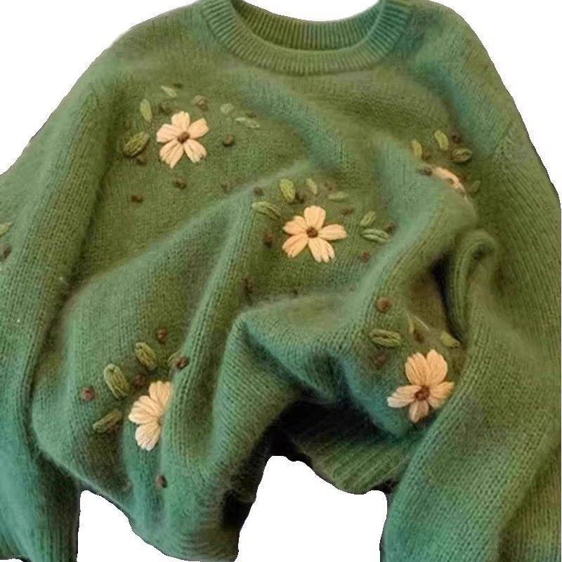 Crew Neck Flower Embroidered Sweater Product Image