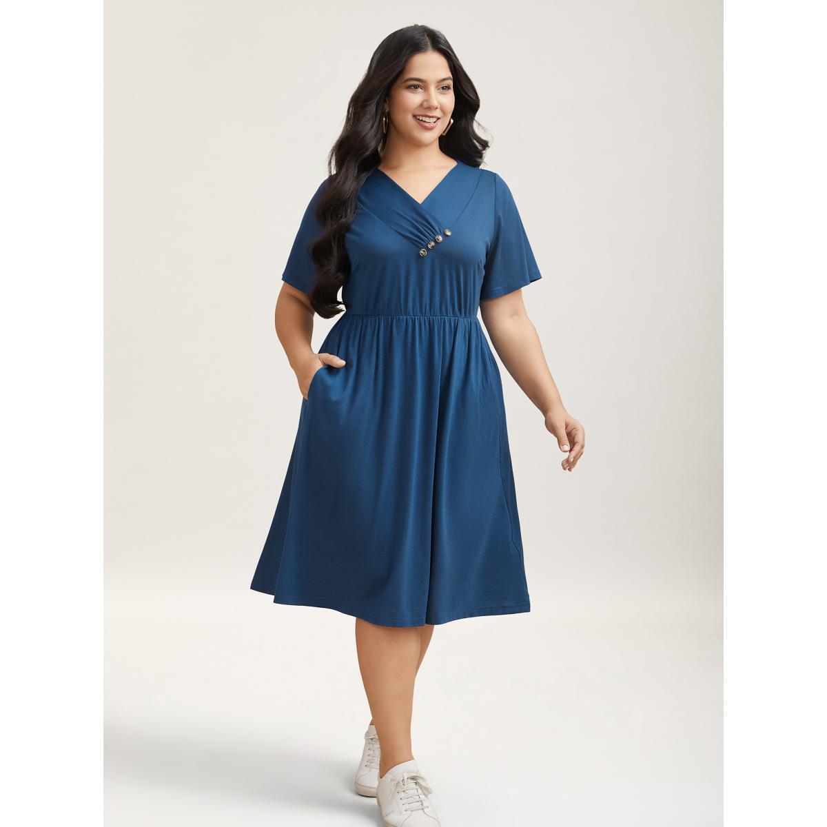 Plus Size Button Detail Pleated Pockets Midi Dress Mediumblue Women Casual Gathered V-neck Short sleeve Curvy BloomChic 18-20/2X Product Image