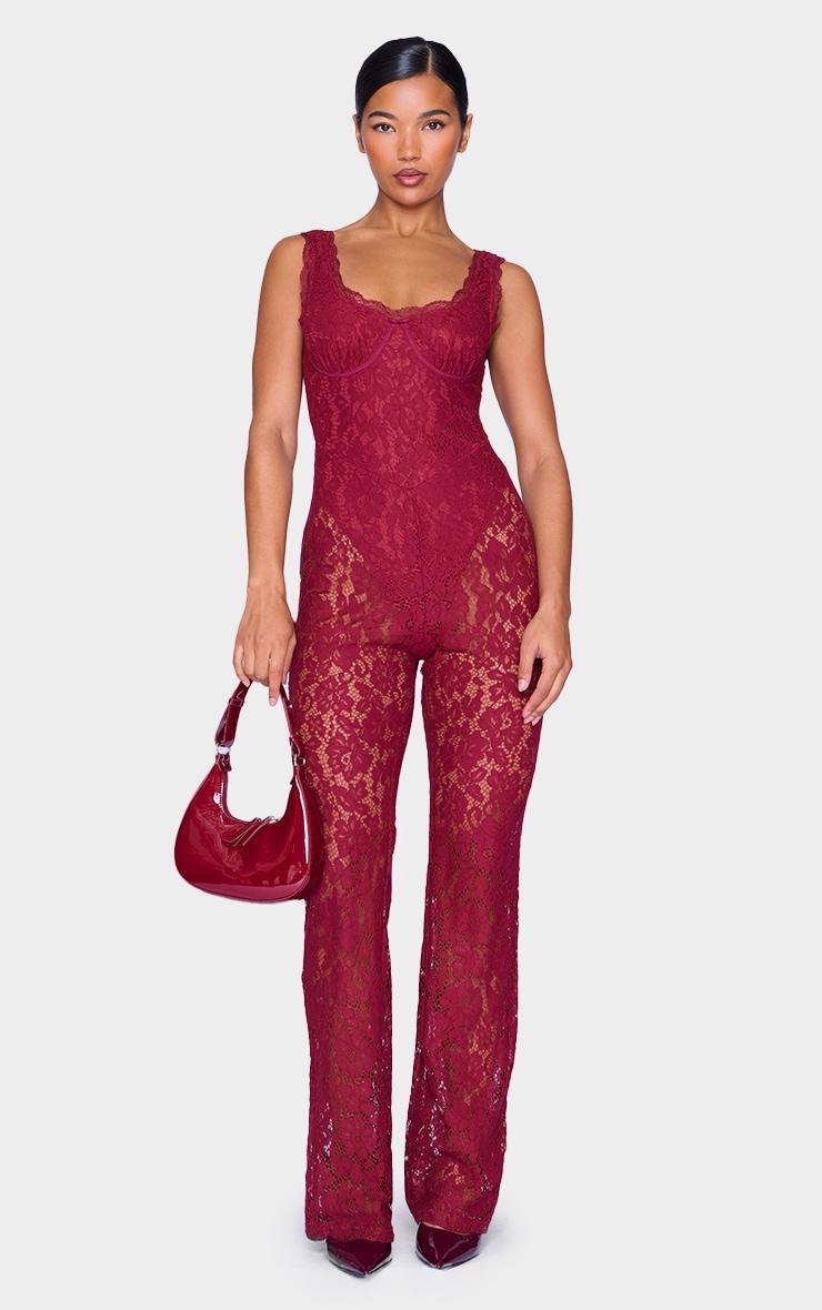 Burgundy Lace Boning Detail Strappy Flared Jumpsuit Product Image