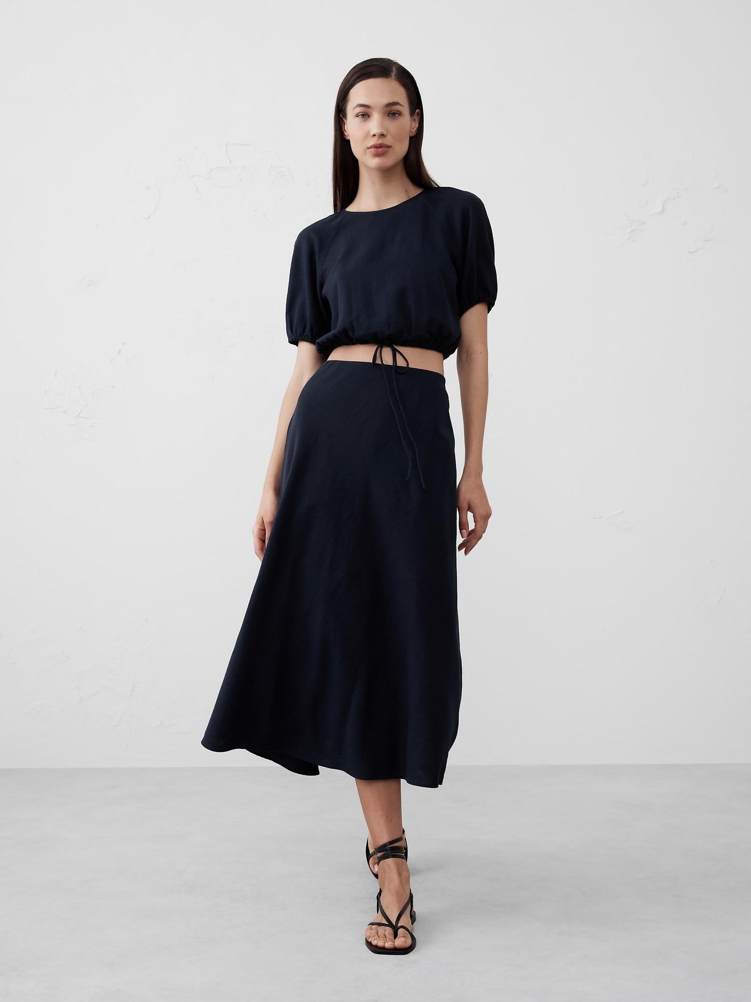 Linen-Blend Midi Slip Skirt Product Image