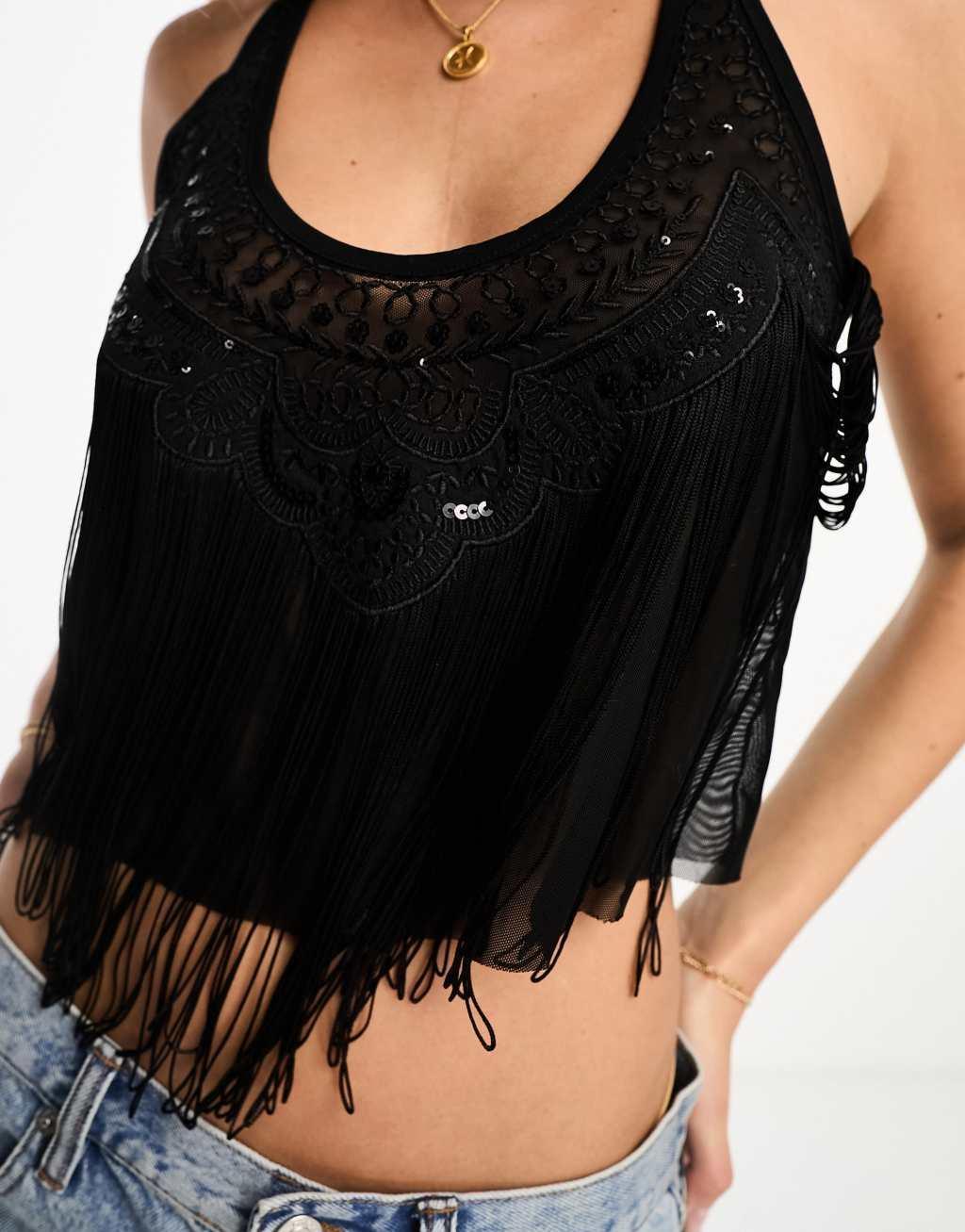 Miss Selfridge festival mesh scoop top with fringe detail in black Product Image