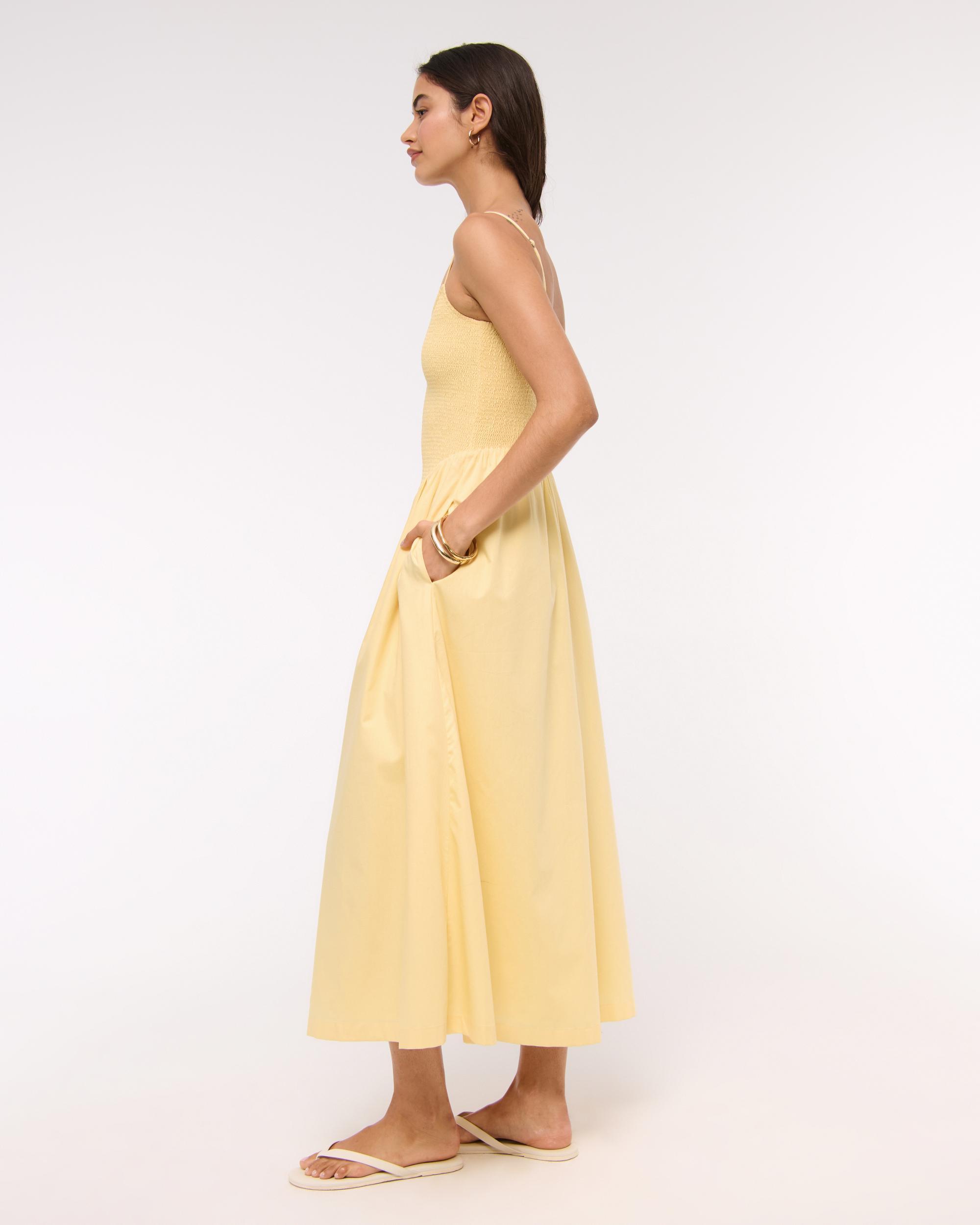 Dipped-Waist Smocked Midi Dress Product Image