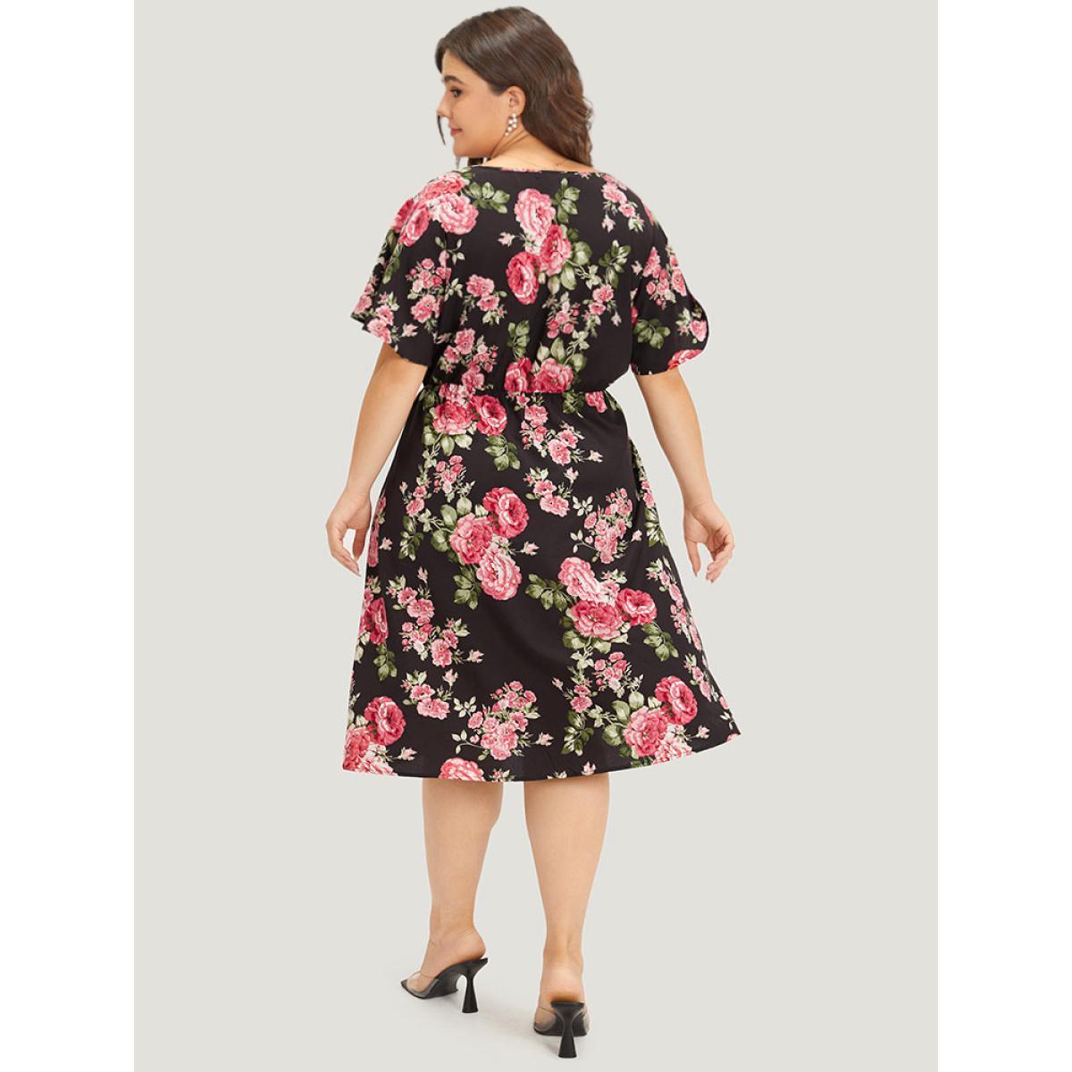 Plus Size Floral Print Ruffle Sleeve Pocket V Neck Wrap Dress BlackFlower Women Elegant Printed V-neck Short sleeve Curvy Midi Dress BloomChic 14-16/1X Product Image