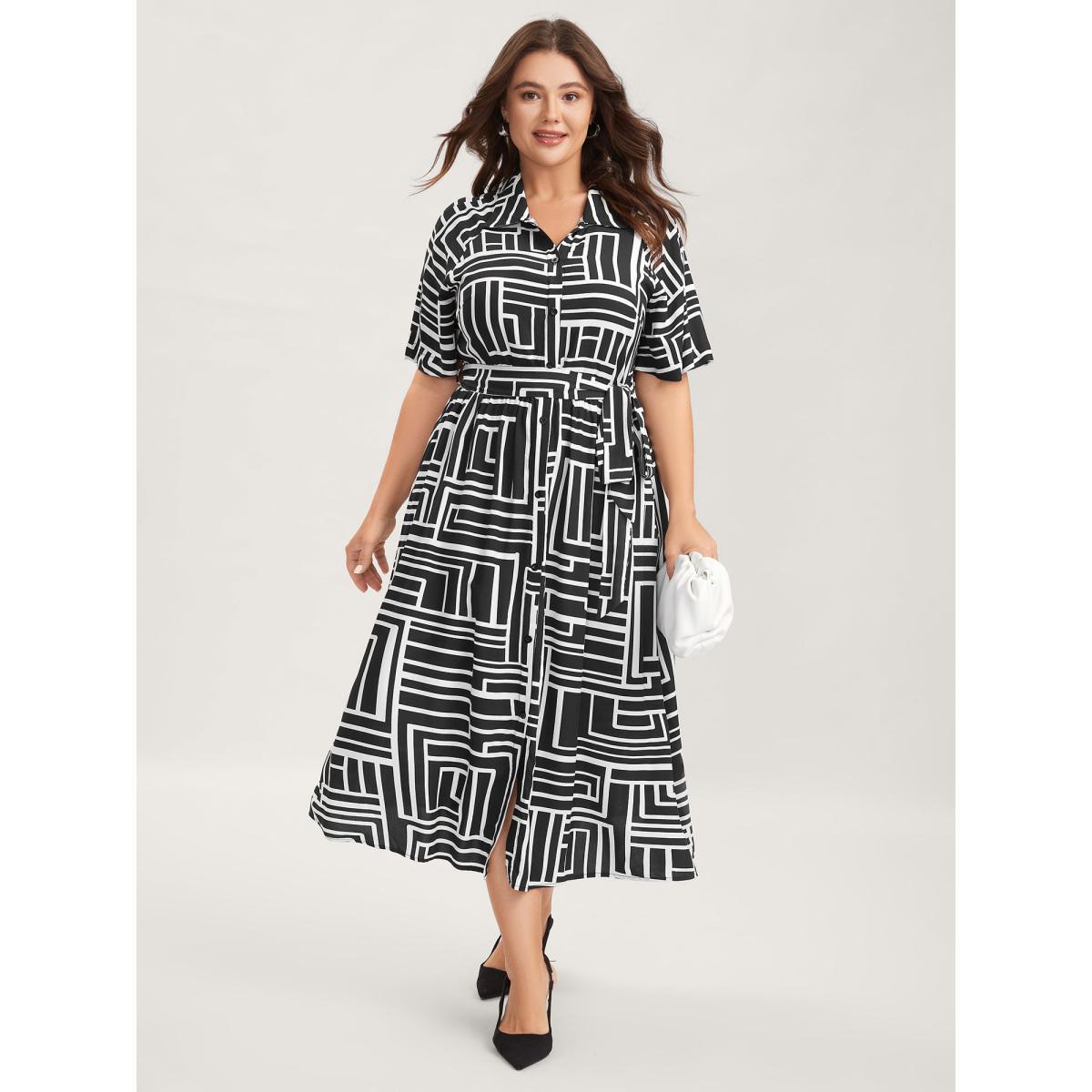 Plus Size Geometric Print Monochrome Shirt Dress Black Women Shirt collar Short sleeve Curvy BloomChic 14-16/1X Product Image