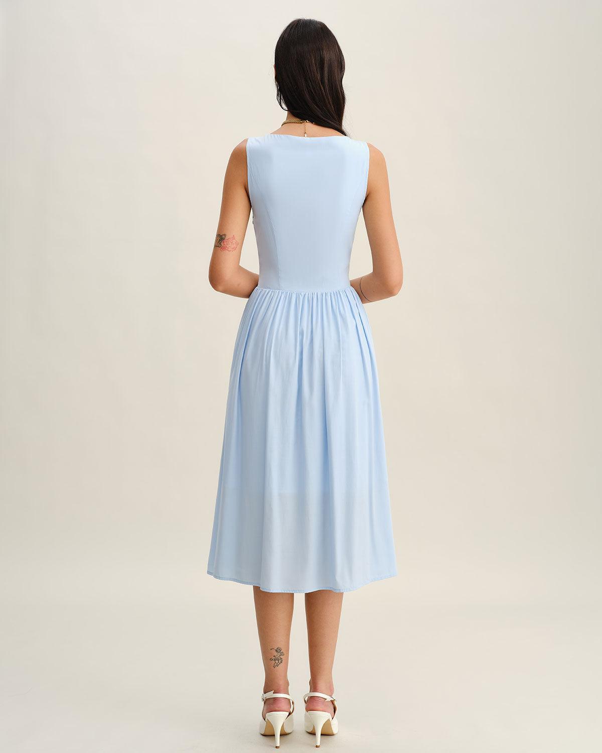 Blue V Neck Button Sleeveless Midi Dress Product Image