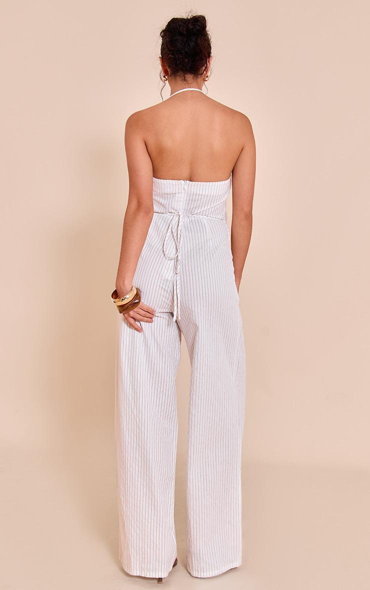 White Woven Pinstripe Asymmetric Jumpsuit Product Image