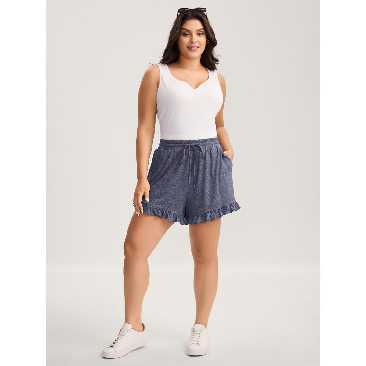 Plus Size Supersoft Mixed Color Knit Drawstring Ruffled Shorts Women ArmyGreen Casual Drawstring Wide Leg Everyday-Casual Shorts BloomChic 26/4X Product Image