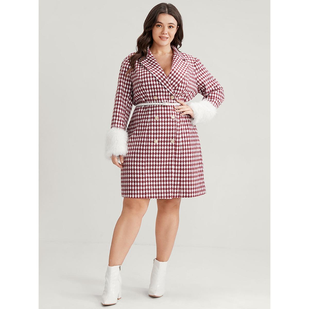 Plus Size Gingham Fuzzy Trim Button Front Blazer Scarlet Women Dailywear Gingham Button Sleeve Long Sleeve Suit Collar 30/6X Elegant Blazers BloomChic Product Image