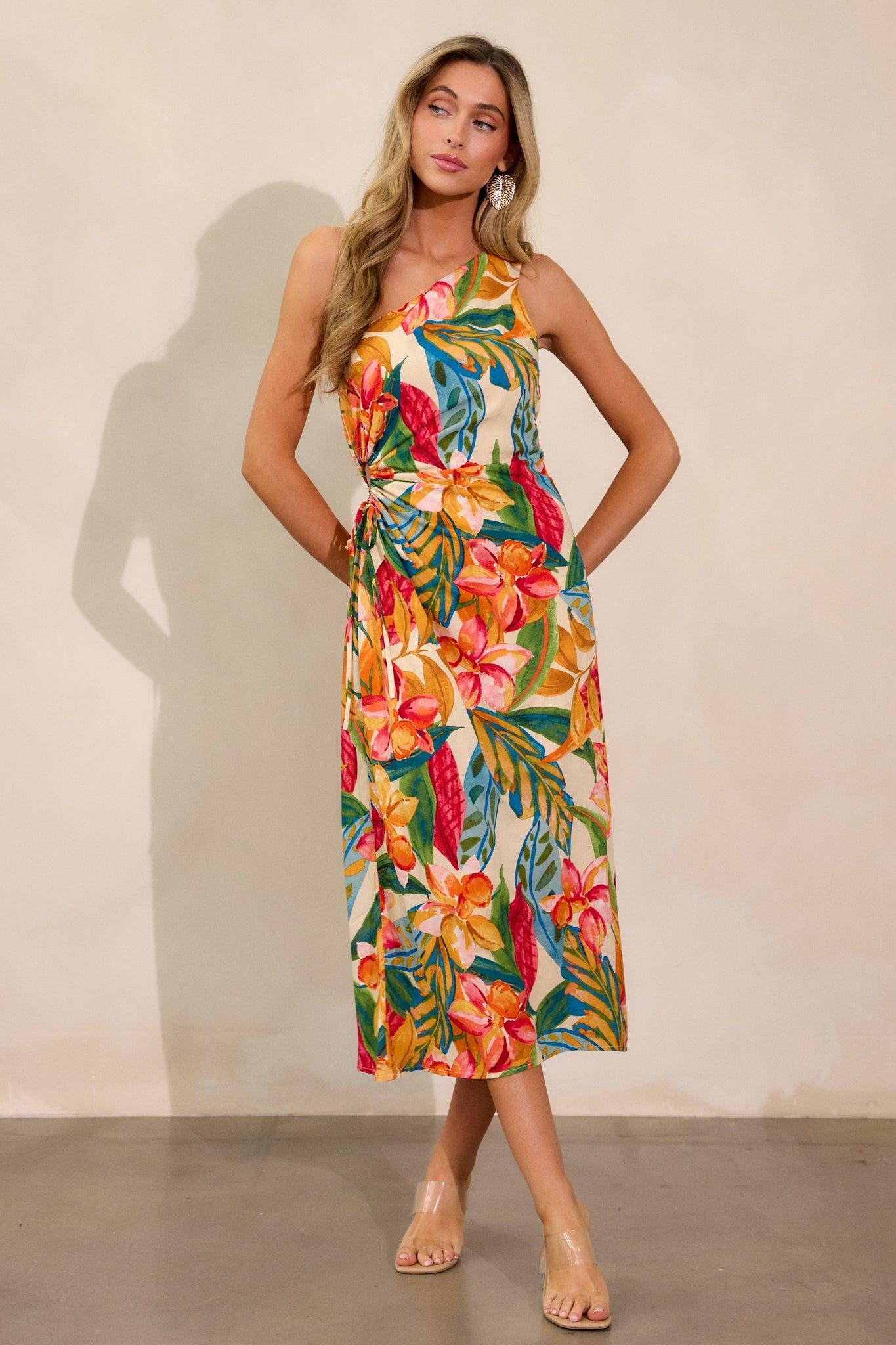 Safe To Say Multi Print One Shoulder Midi Dress Product Image