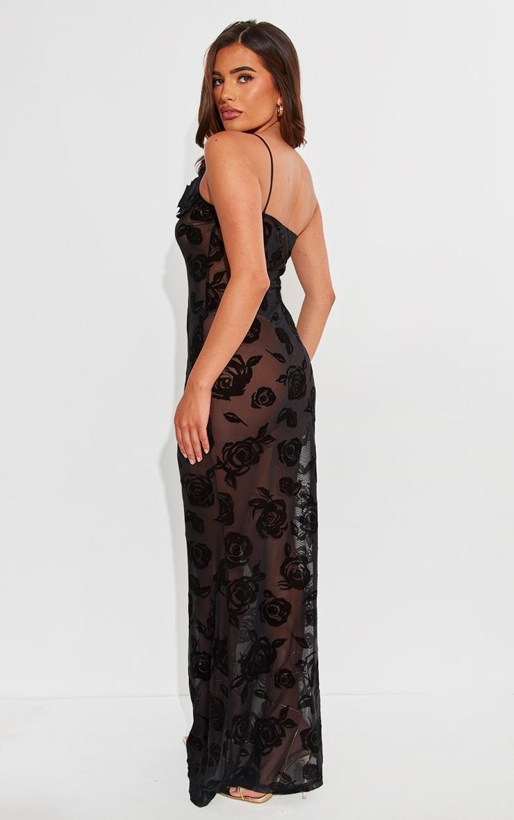 Black Floral Mesh One Shoulder Maxi Dress Product Image