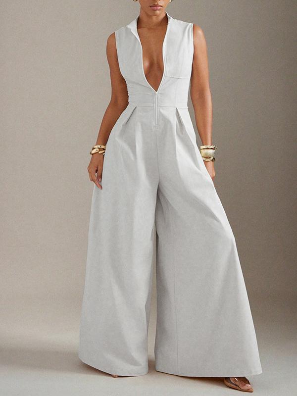 Sleeveless Wide Leg Pleated Solid Color Split-Joint Zipper Round-Neck Jumpsuits Product Image