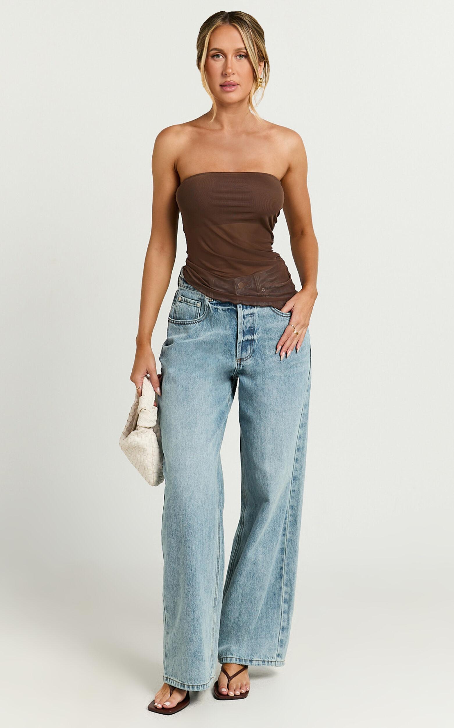 Bessie Top - Asymmetric Strapless Sheer Top in Chocolate Product Image