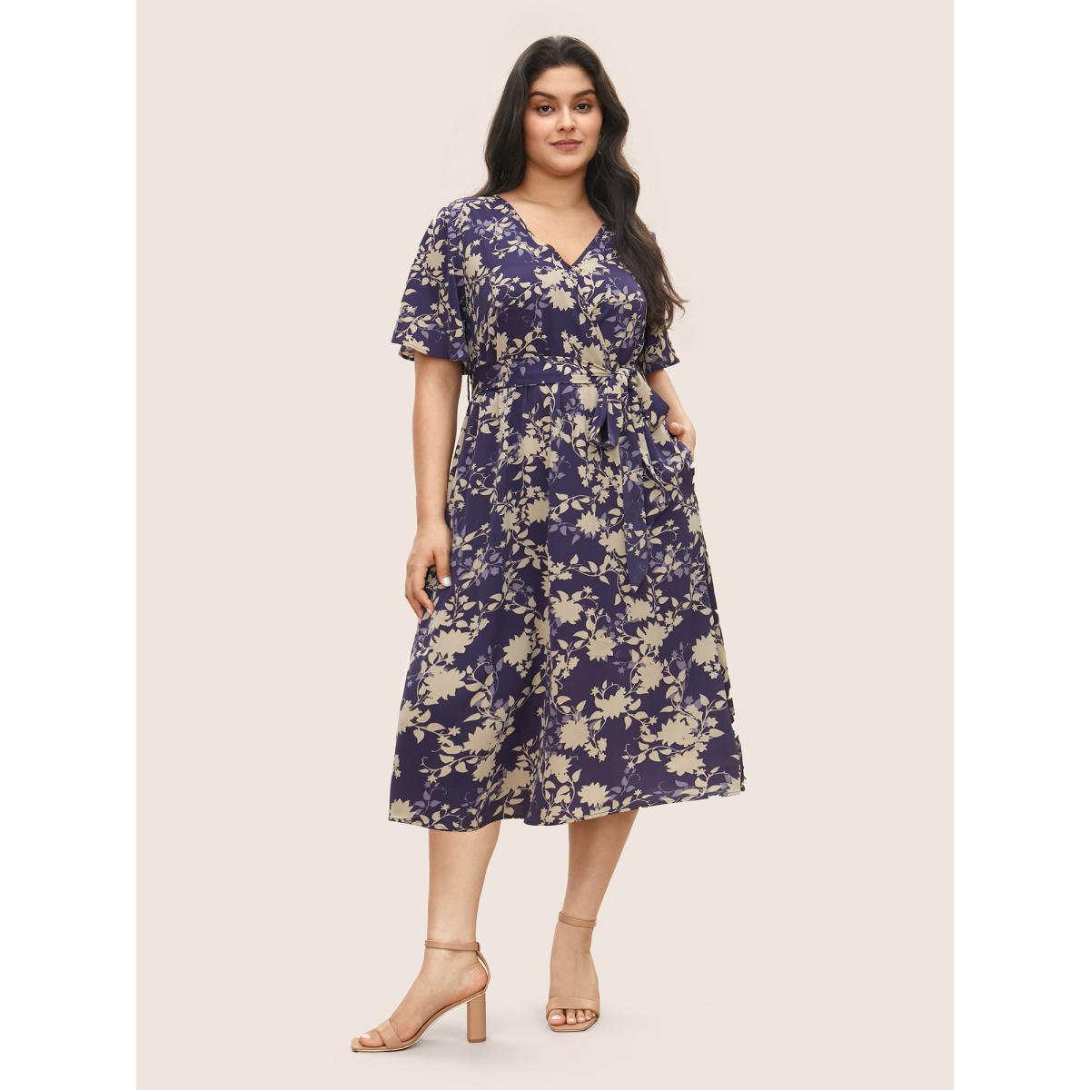 Plus Size Floral Print Overlap Collar Belted Flutter Sleeve Dress Blackcurrant Women Elegant Overlapping Overlap Collar Short sleeve Curvy Midi Dress BloomChic 18-20/2X Product Image