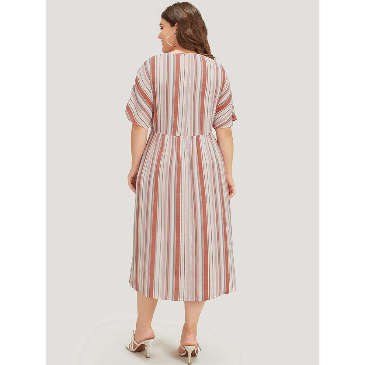 Plus Size Striped Contrast Pocket Lace Batwing Sleeve Midi Dress Crepe Women Vacation Patchwork V-neck Short sleeve Curvy Midi Dress BloomChic 22-24/3X Product Image