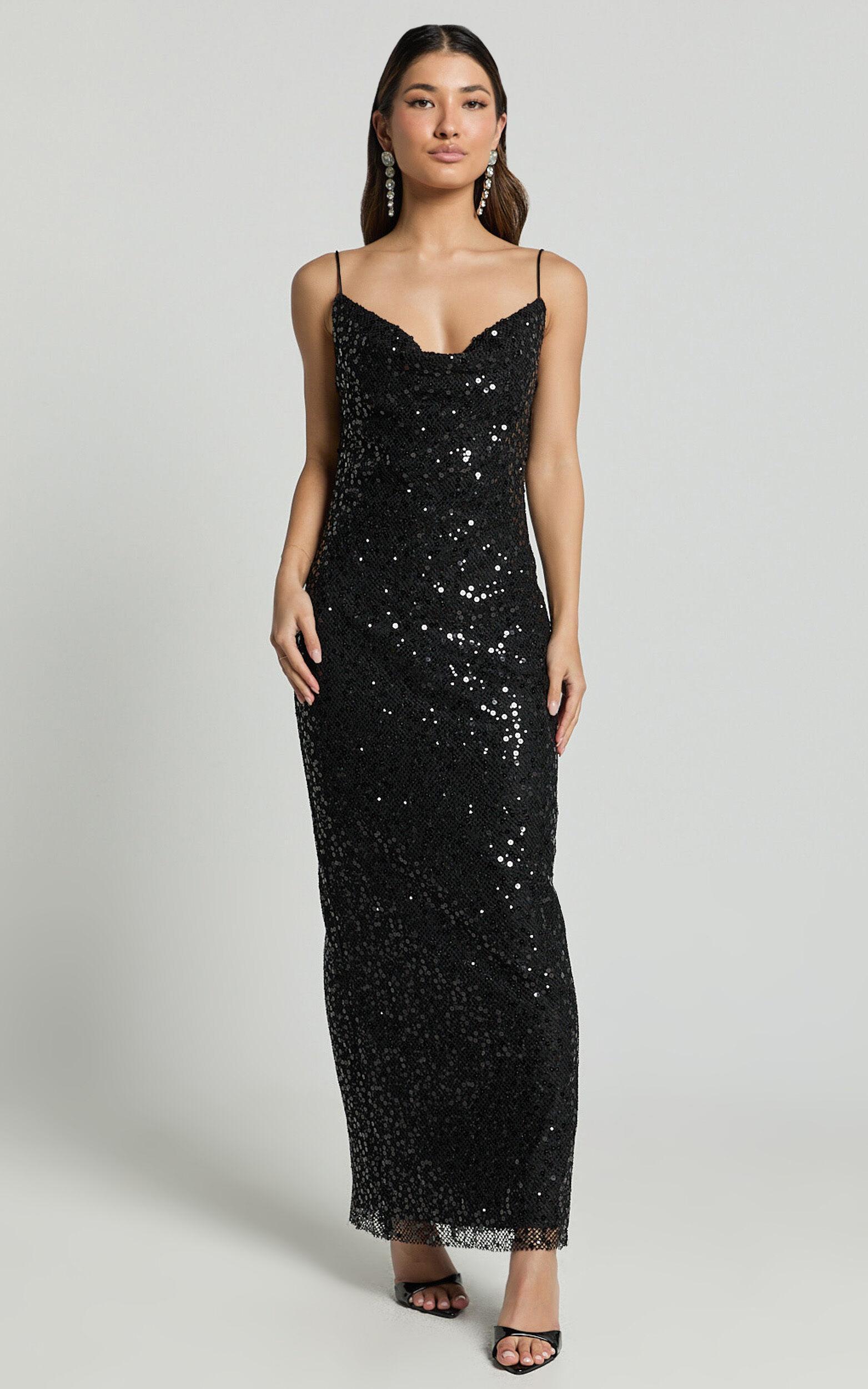 Sally Maxi Dress - Cowl Neck Backless Sequin Mesh Dress in Black Product Image