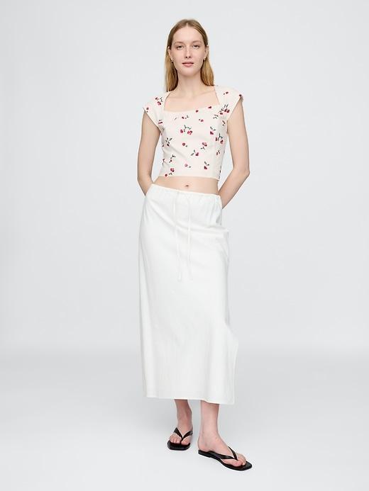 Linen-Blend Cap-Sleeve Cropped Top Product Image