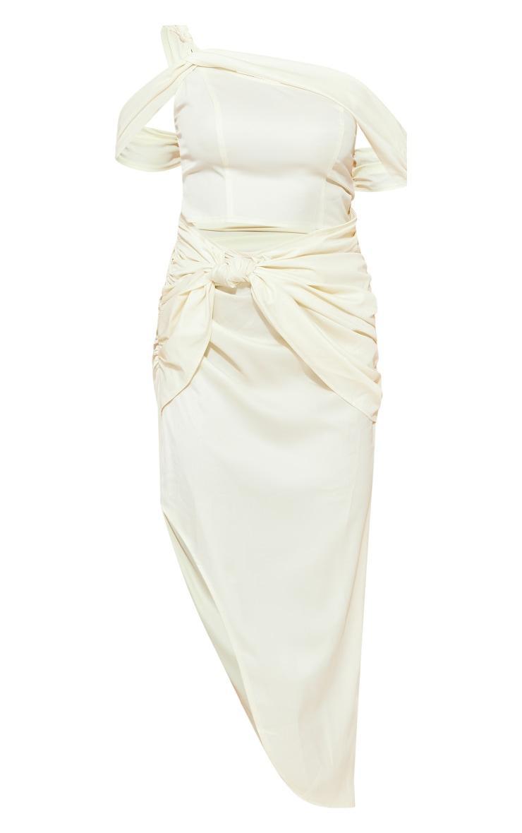 Cream Print Satin One Shoulder Knot Detail Midi Dress Product Image