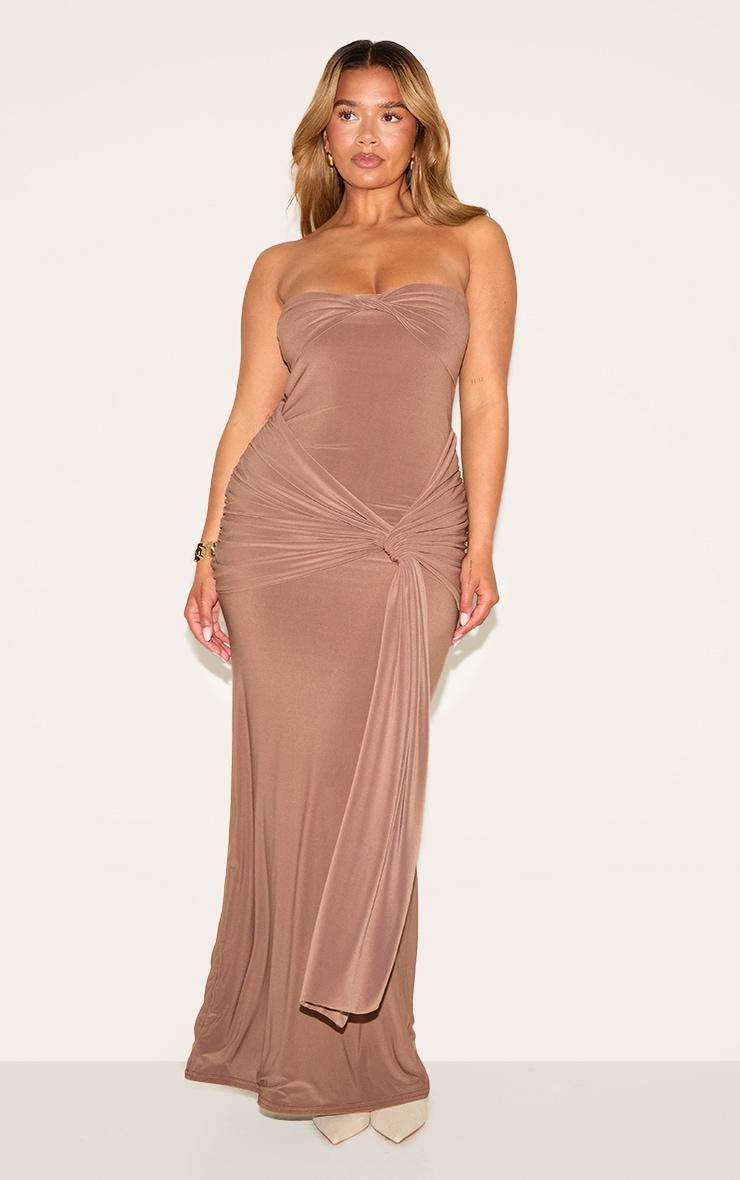 Shape Mocha Bandeau Twist Front Ruched Drape Waist Detail Maxi Dress Product Image