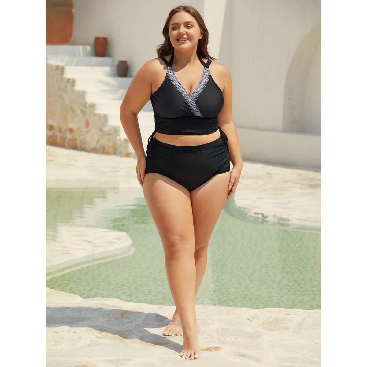Plus Size Boho Print Adjustable Drawstrings Swim Tankini Women's Swimwear Black Beach Tie knot High stretch Skinny Overlap Collar Curve Swim Tops BloomChic 12/L Product Image